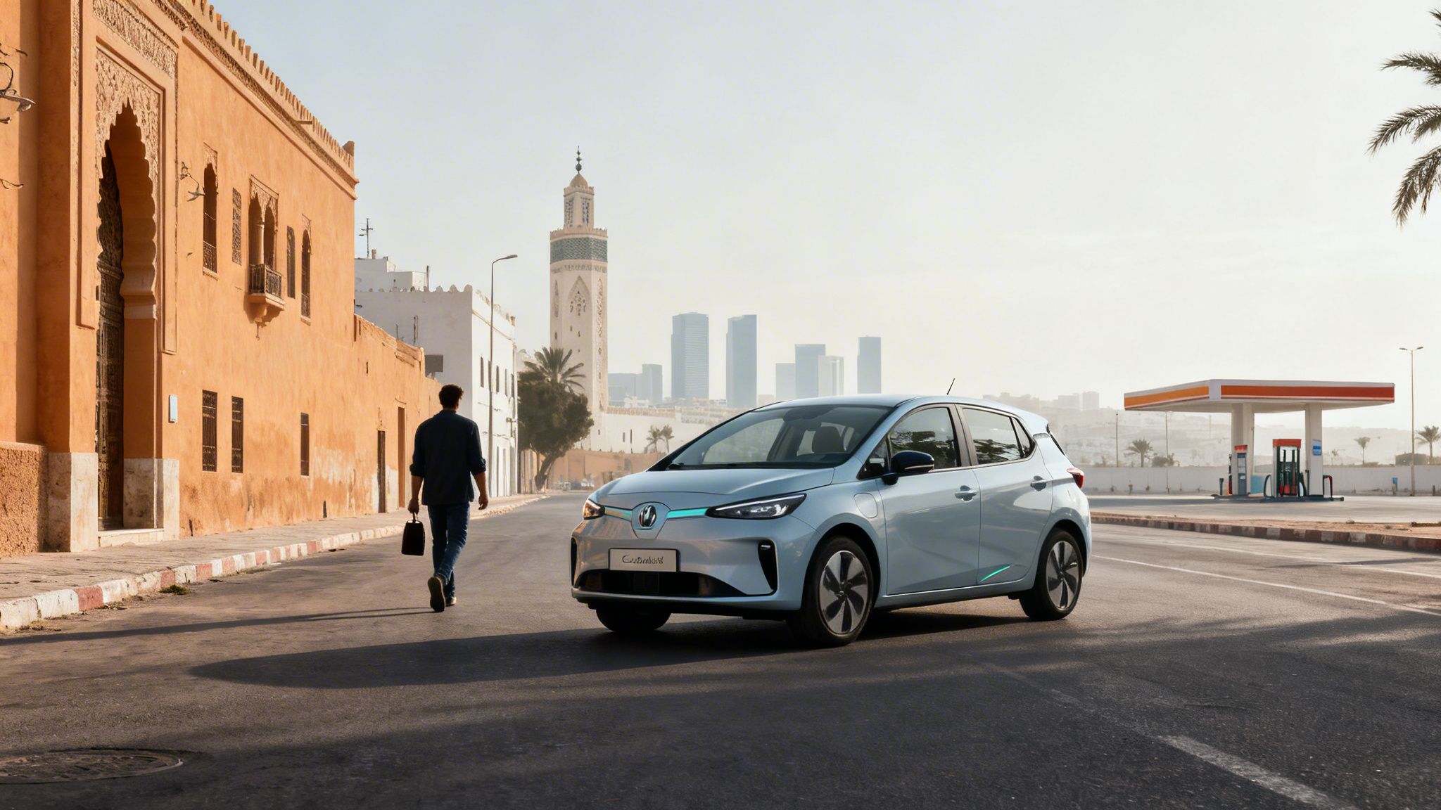 Une voiture électrique bleu clair garée dans une ville marocaine, avec un homme et l'architecture locale en arrière-plan.