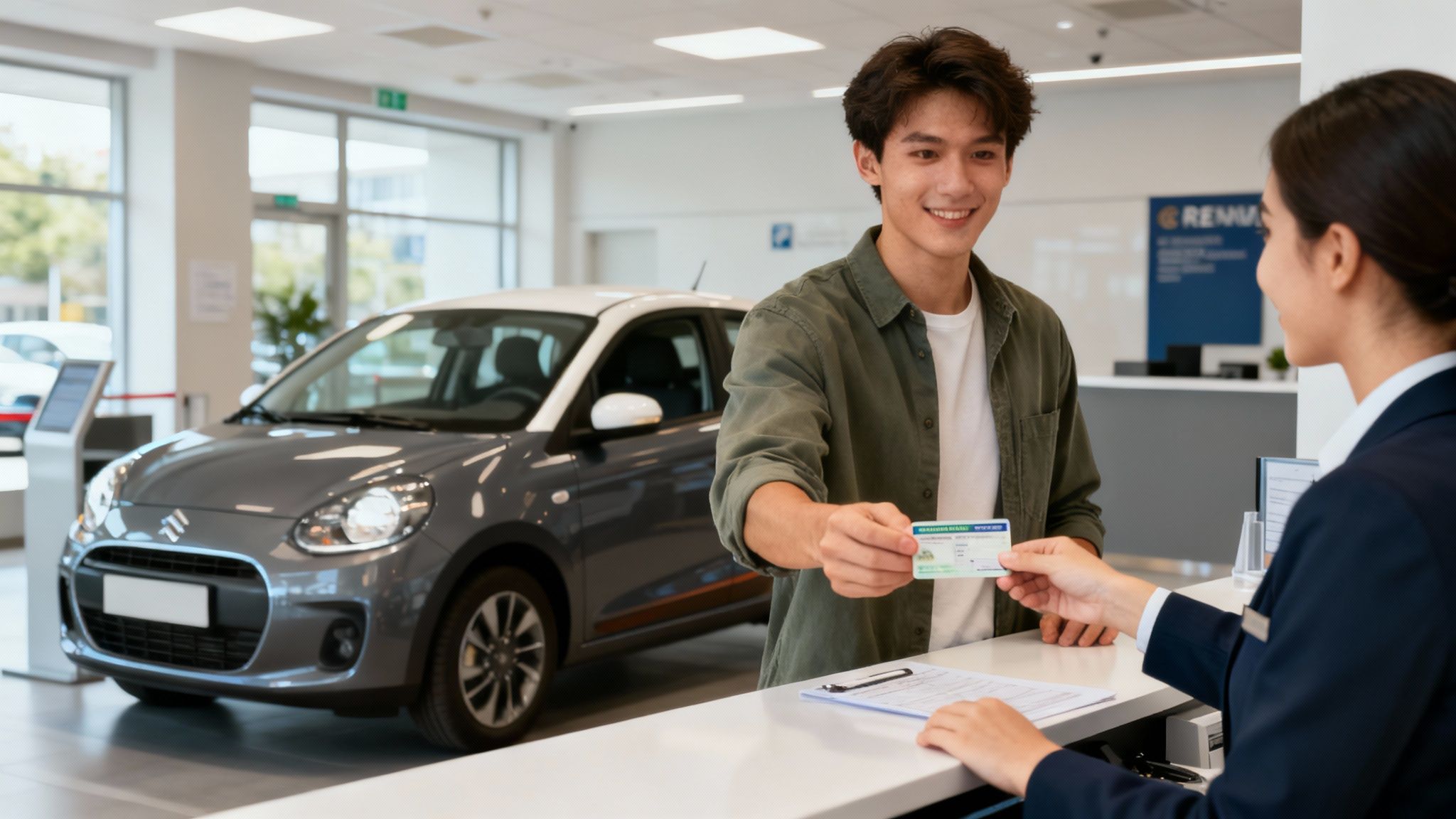 Une personne souriante tenant des clés de voiture devant un véhicule de location
