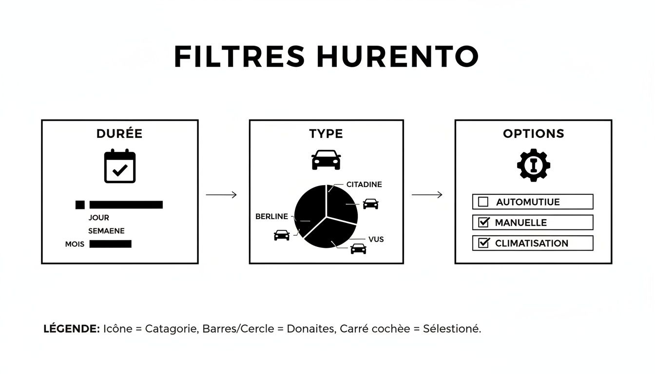 Diagramme des filtres Hurento pour la location de voiture: durée, type de véhicule et options de sélection.