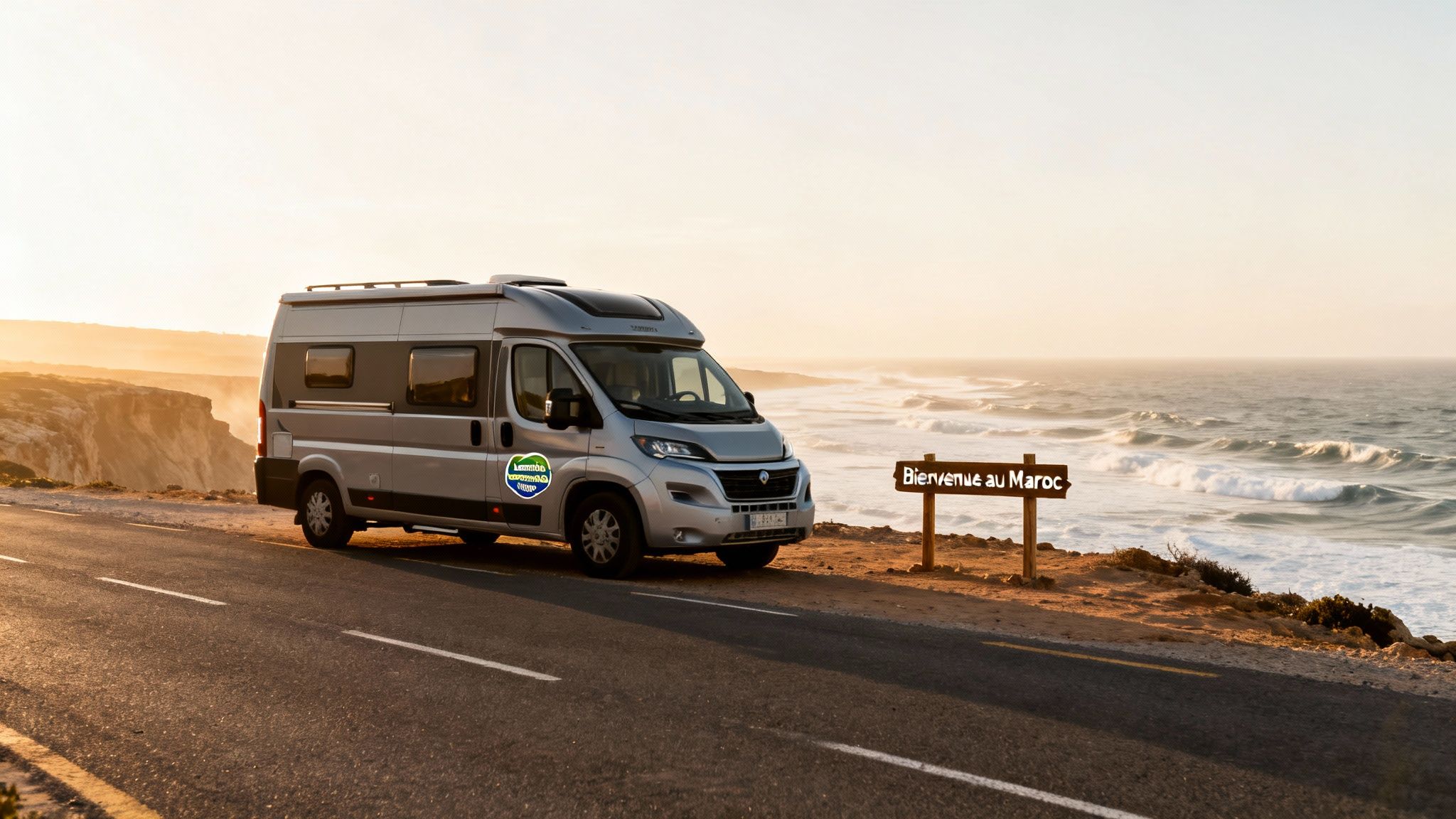Fourgon aménagé argenté garé sur une route côtière au Maroc, avec l'océan au coucher du soleil et un panneau "Bienvenue au Maroc".