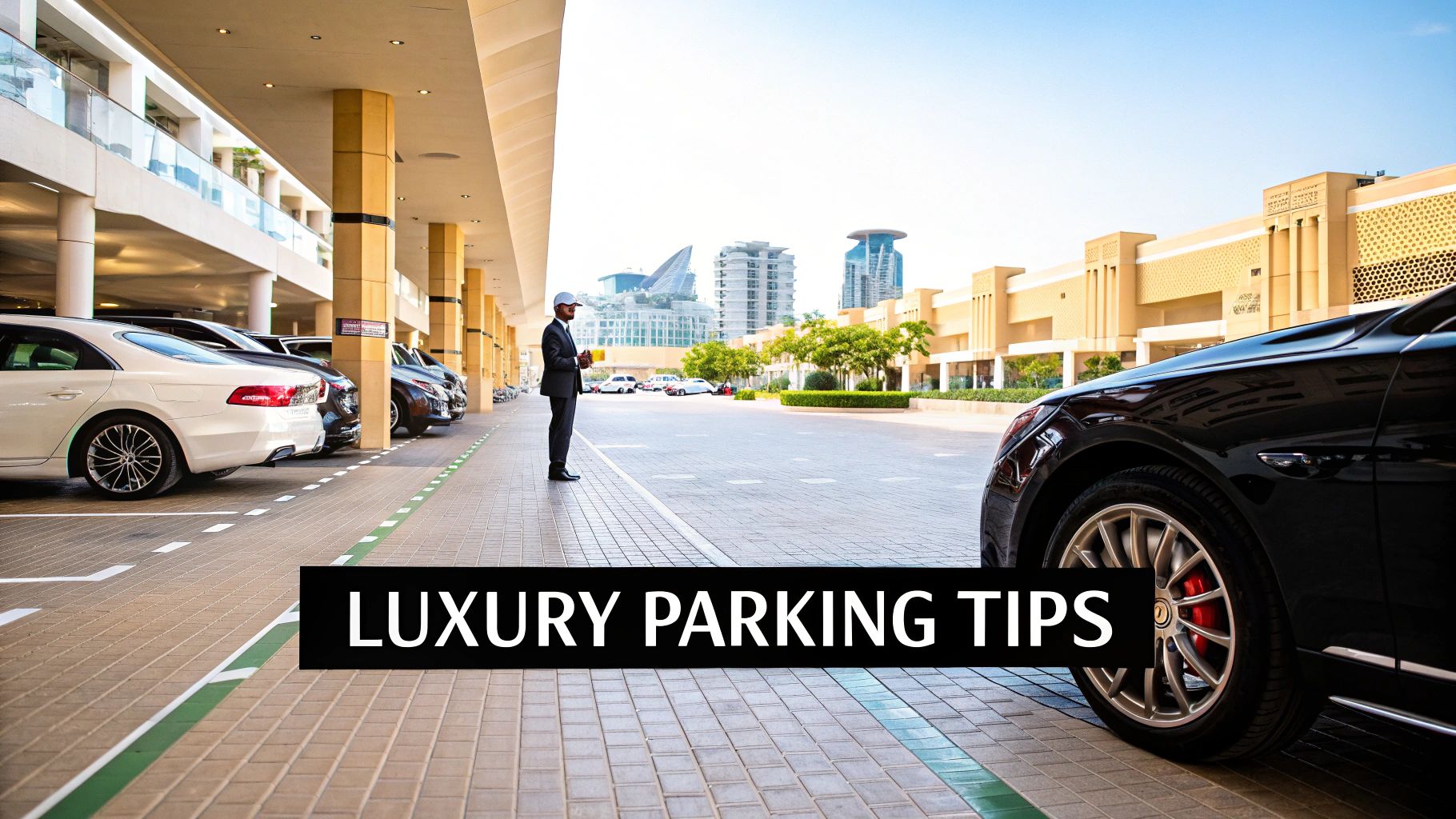 A sleek, luxury sports car parked in a well-lit underground garage in Dubai