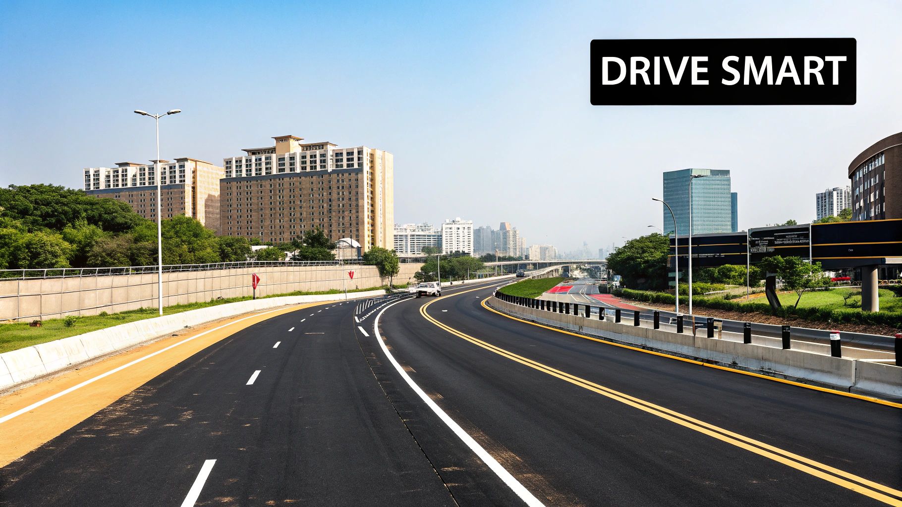 A sports car driving along a highway in Dubai with the cityscape in the background.