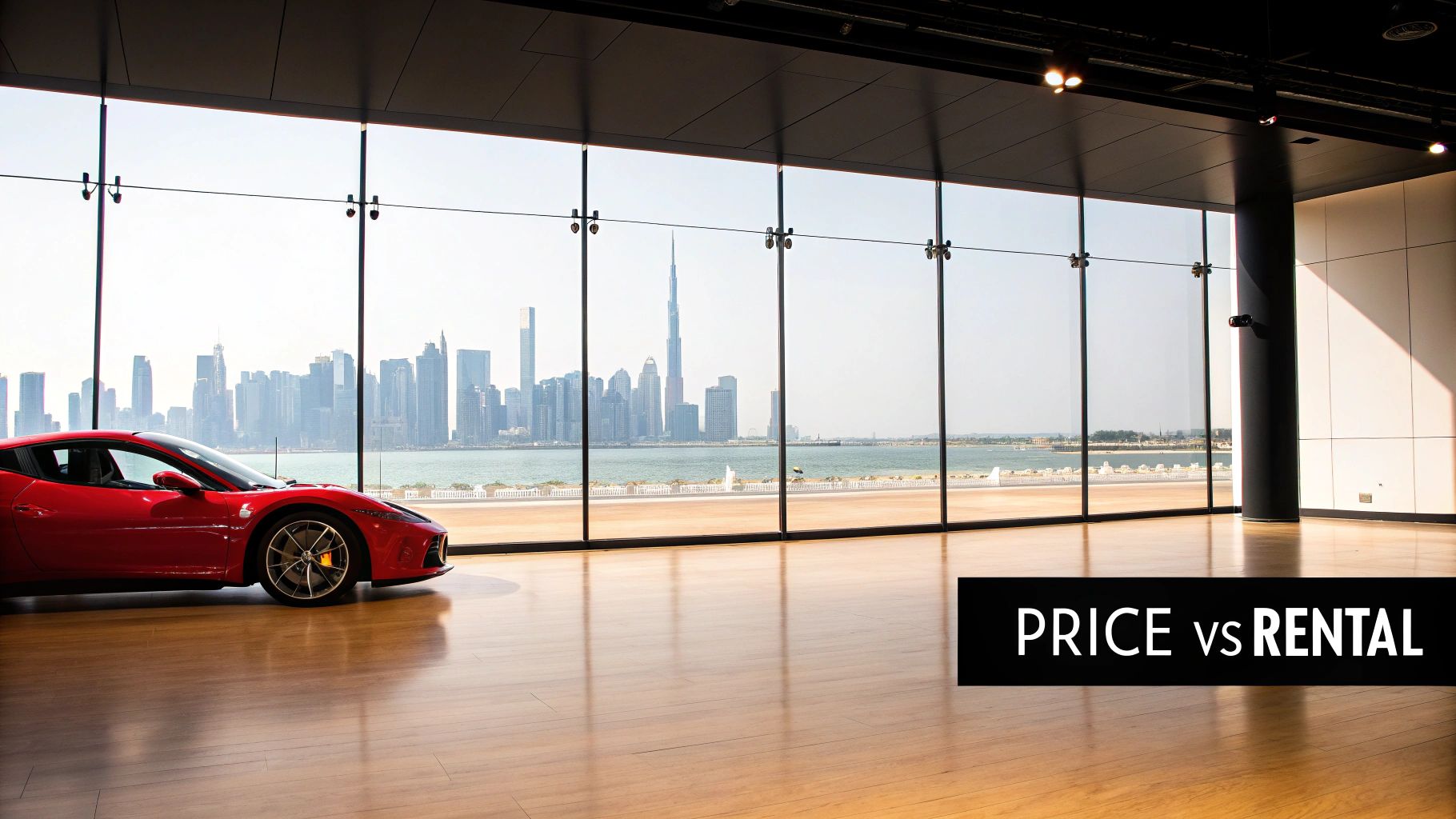 A red Ferrari sports car parked inside a modern showroom overlooking the Dubai skyline, with 'PRICE vs RENTAL' text.