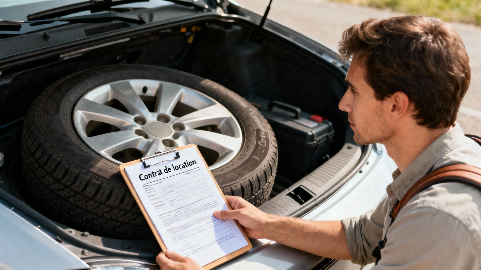 Un homme tient un contrat de location près du coffre d'une voiture, avec une roue de secours visible.