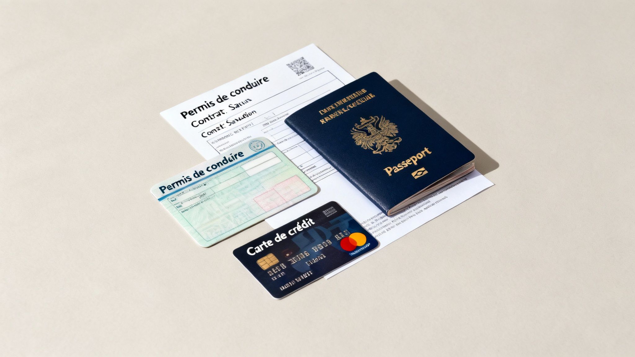 Passeport bleu, permis de conduire vert, carte de crédit et documents sur fond clair, essentiels pour voyager.