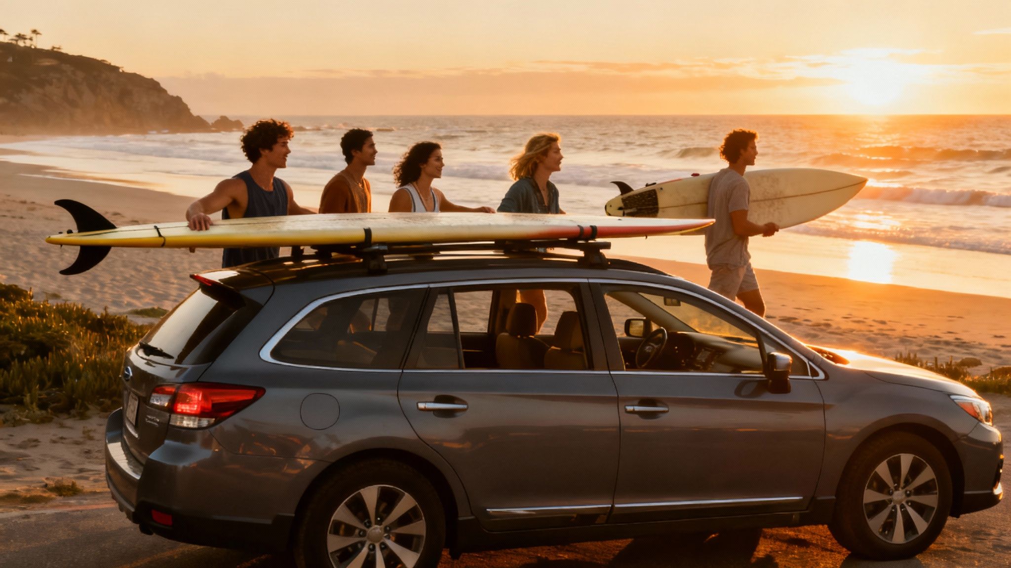 Un groupe d'amis chargeant des planches de surf dans le coffre d'une grande voiture.