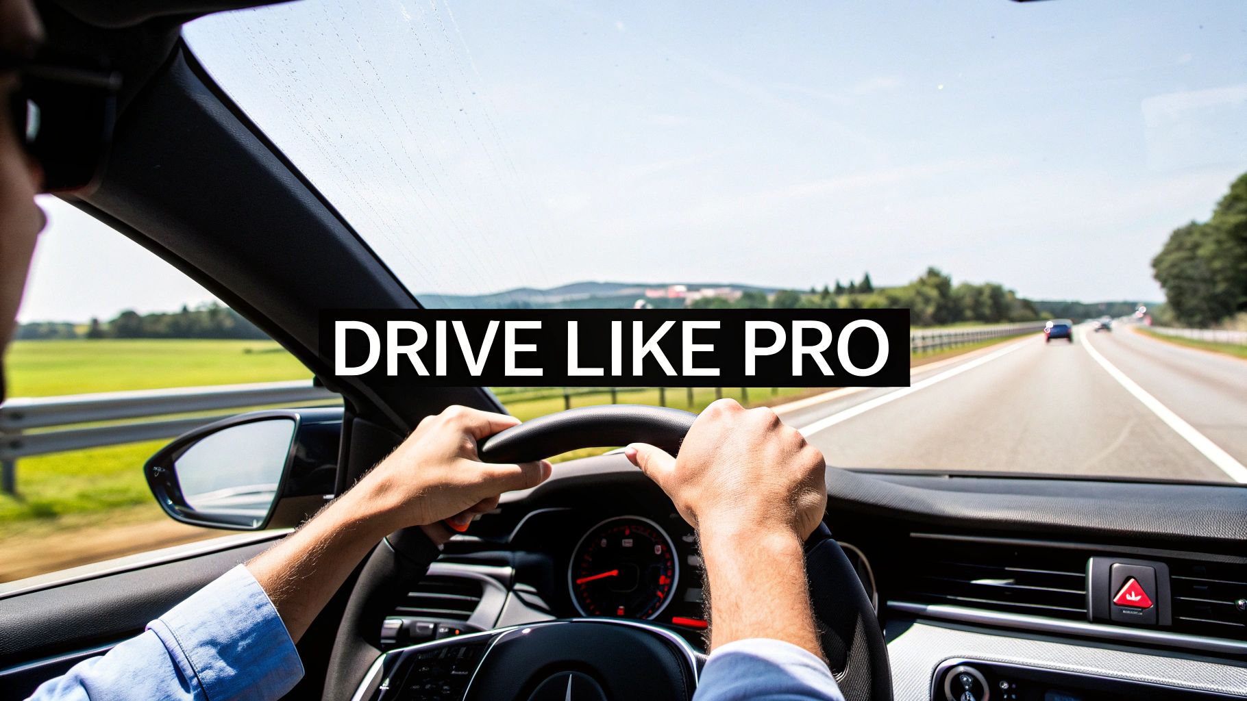Your Ultimate Guide to Exotic Car Rental in Dubai 4 A person's hands on a steering wheel, driving a car on a highway with other vehicles.