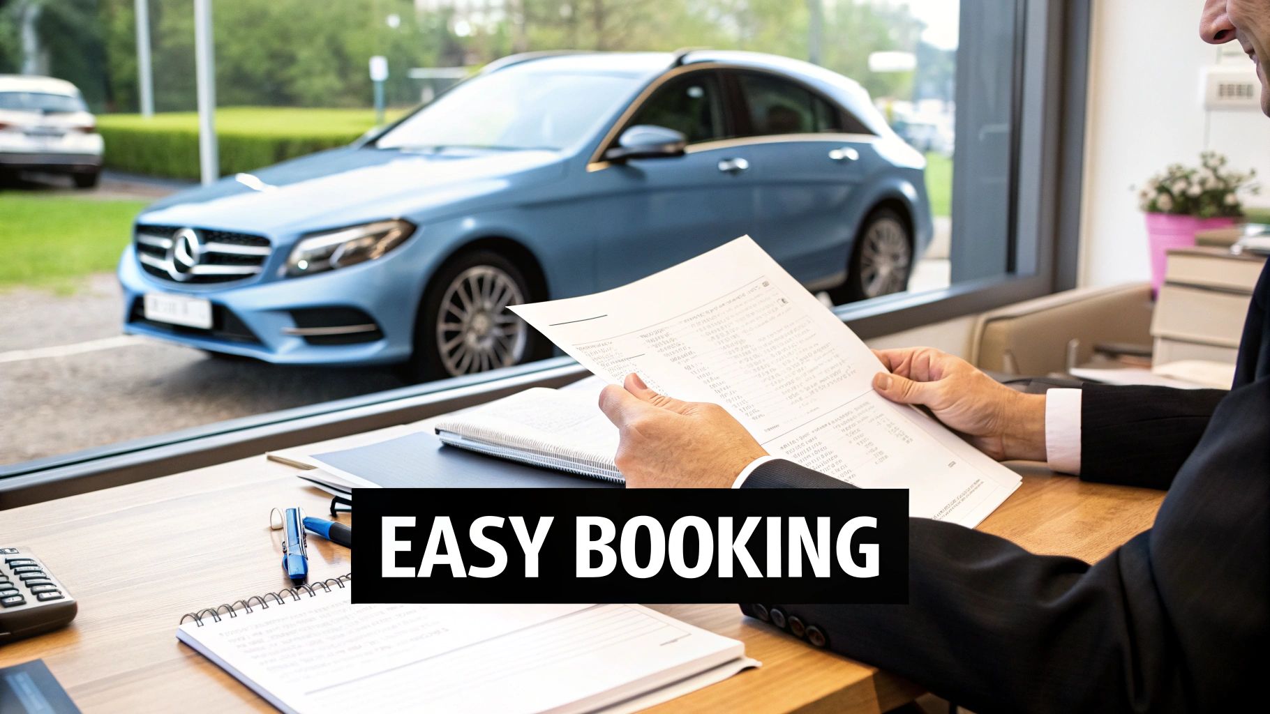 Luxury Mercedes-Benz rental parked with a view of the Dubai skyline