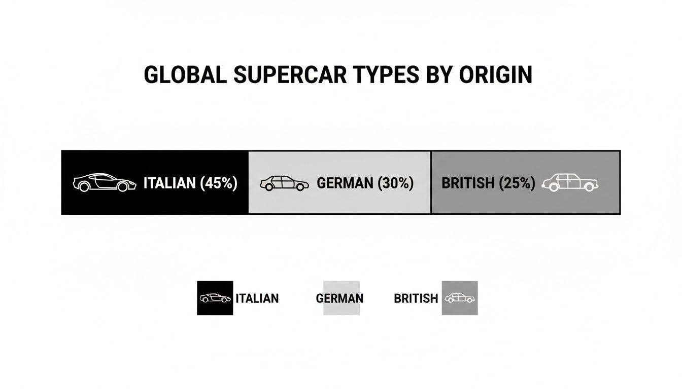Dubai's Elite Drive: ap supercar rental for the Ultimate Experience 2 Infographic showing global supercar types by origin: Italian (45%), German (30%), and British (25%).