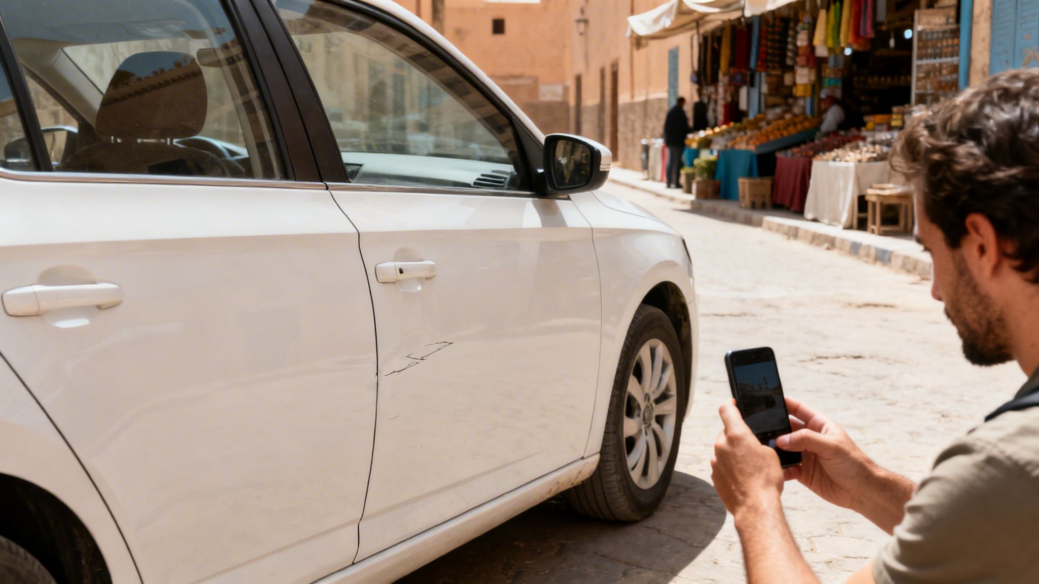 Un homme photographie les rayures sur le côté d'une voiture blanche garée dans une rue animée.