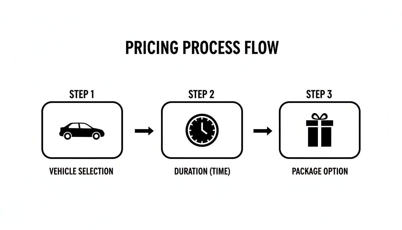 Pricing process flow diagram showing vehicle selection, duration, and package option with icons.
