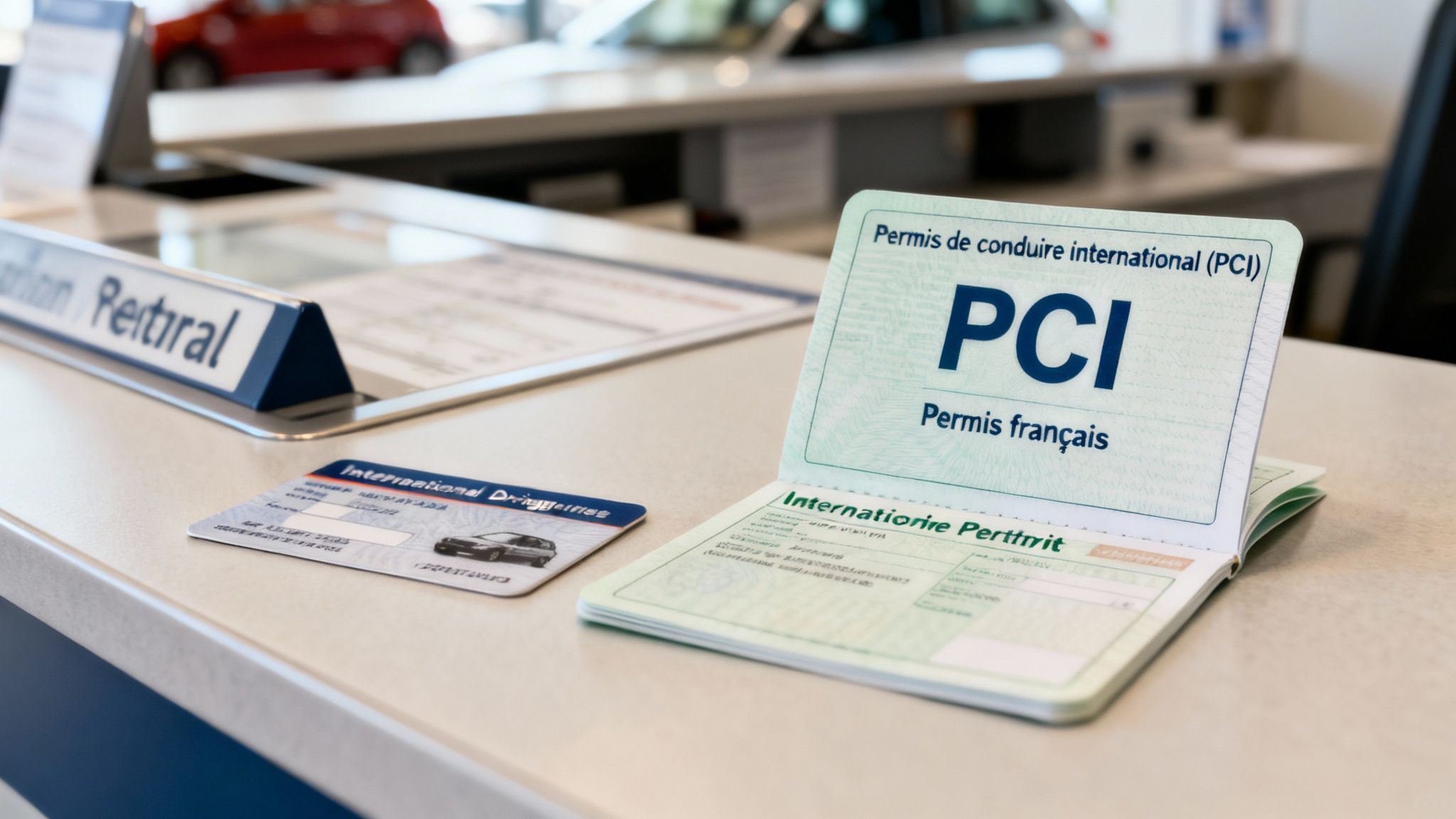 Permis de conduire international et permis français posés sur un comptoir, prêts pour la vérification.