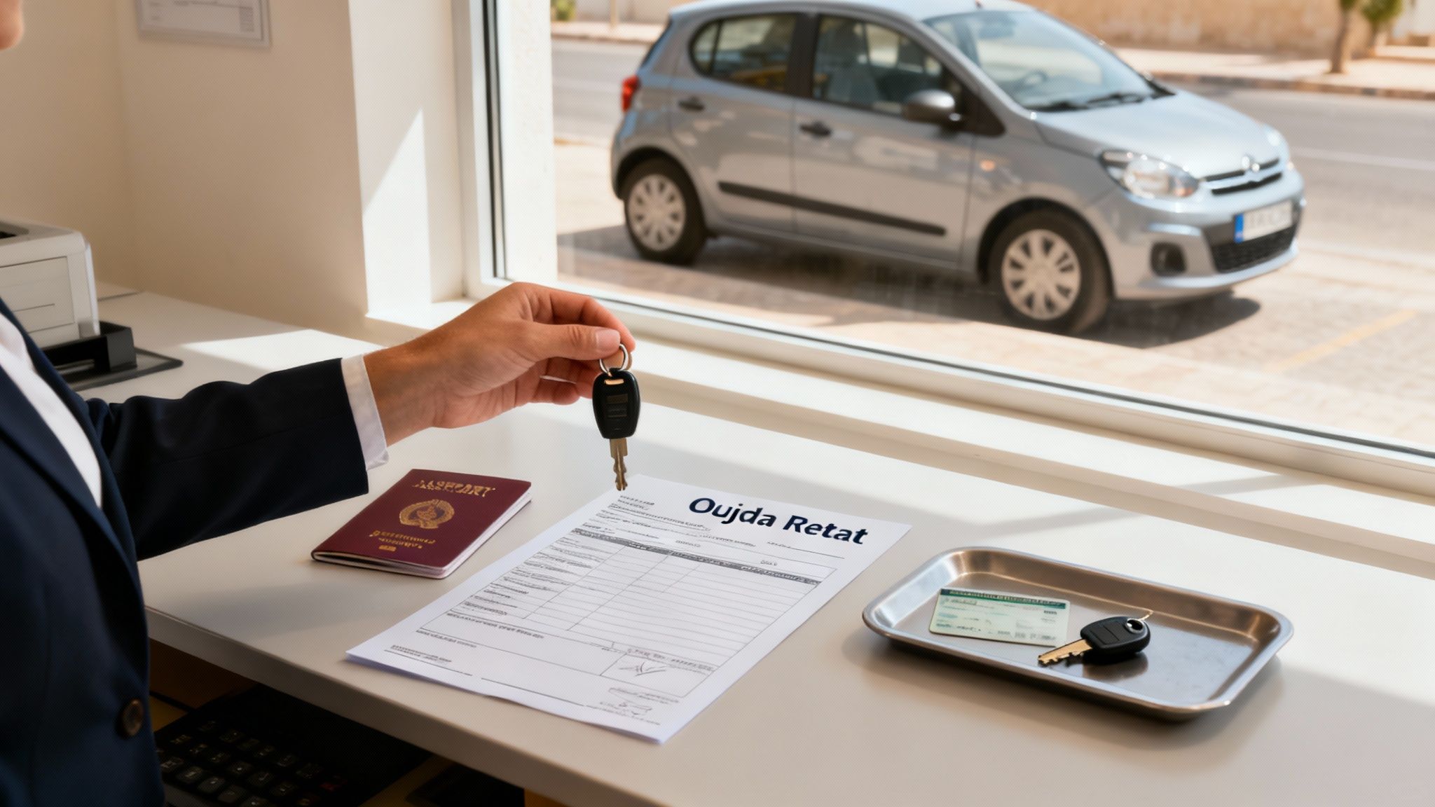 Une personne récupérant les clés d'une voiture de location au comptoir d'une agence.