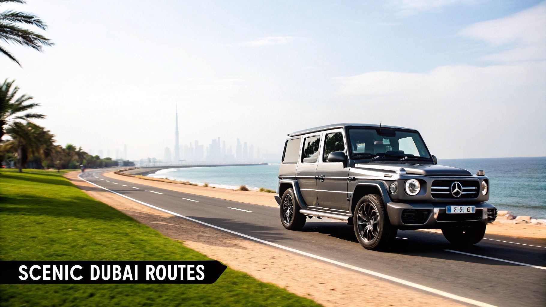A grey Mercedes G-Class SUV drives on a scenic coastal road in Dubai with the city skyline in the background.