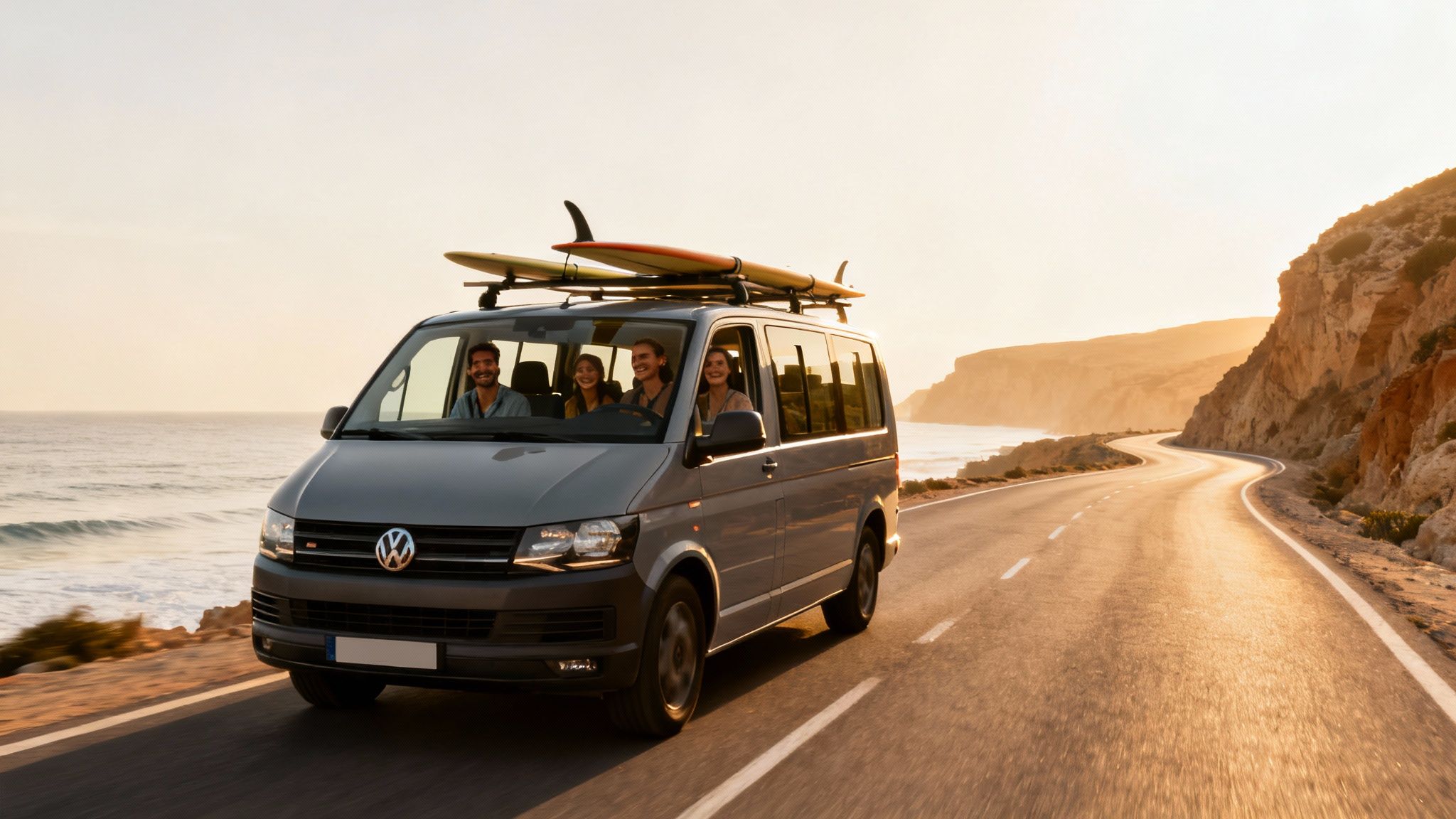 Minibus Volkswagen gris avec des surfeurs heureux sur une route côtière au coucher du soleil.