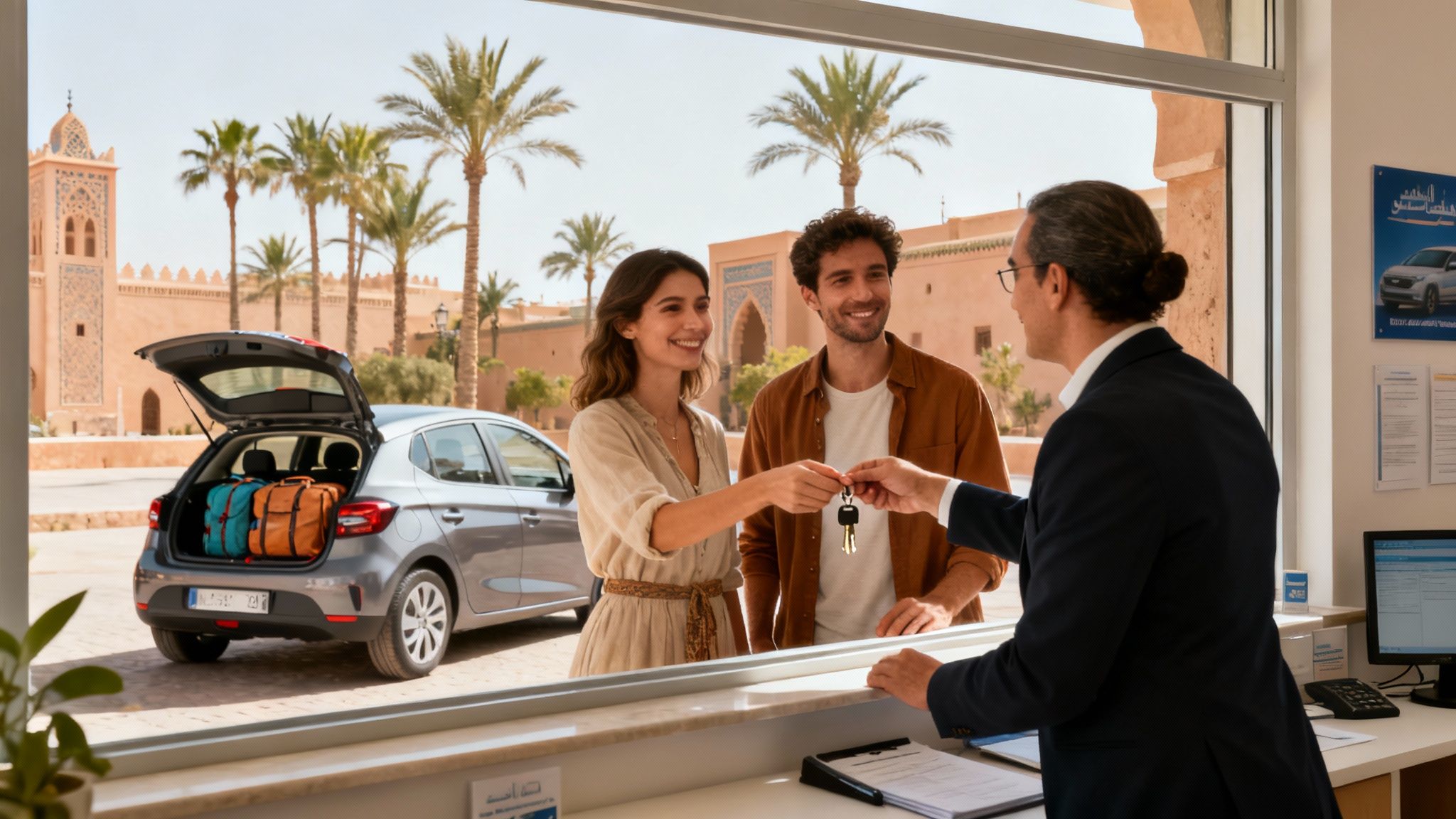 Personne tenant des clés de voiture de location avec une carte du Maroc en arrière-plan