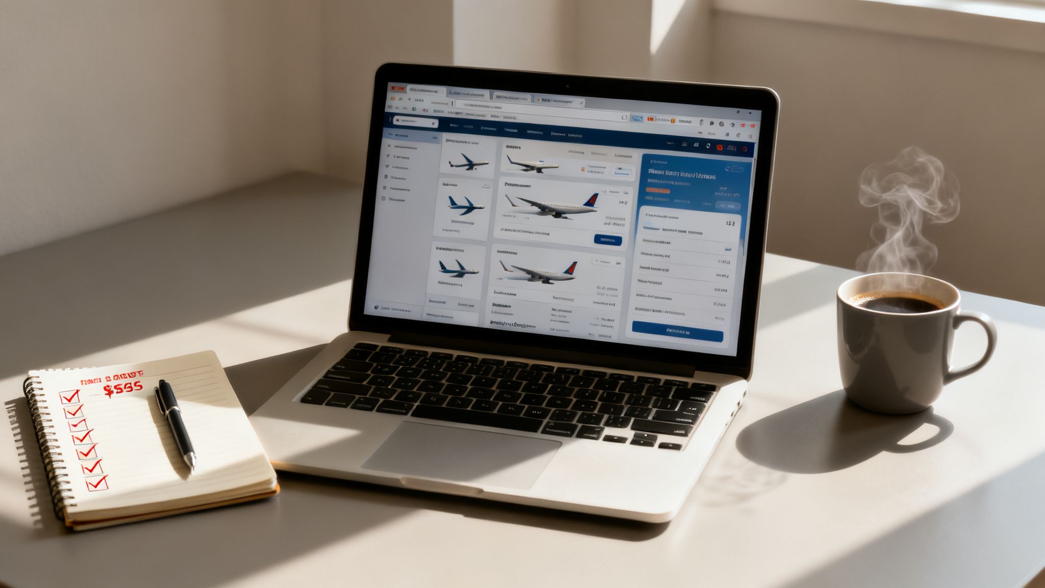 Un ordinateur portable affiche des vols, à côté d'un carnet avec une liste et une tasse de café fumante.
