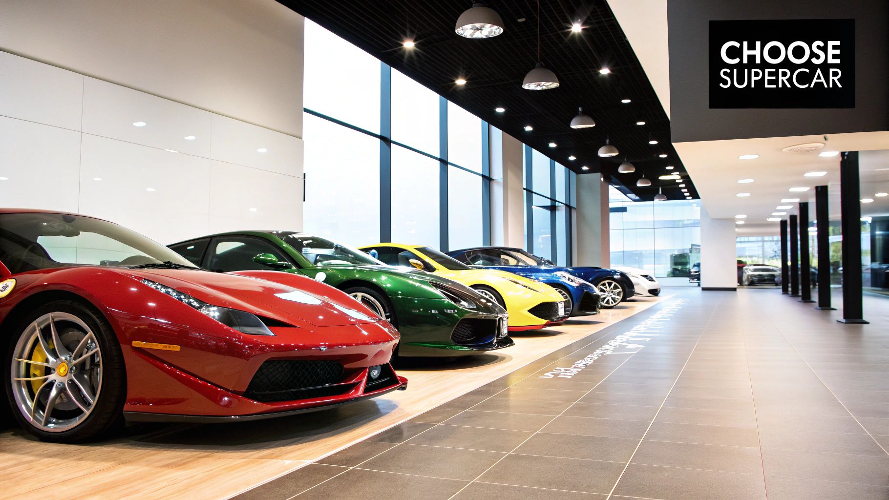 A sleek, red Ferrari parked in front of a modern Dubai building.