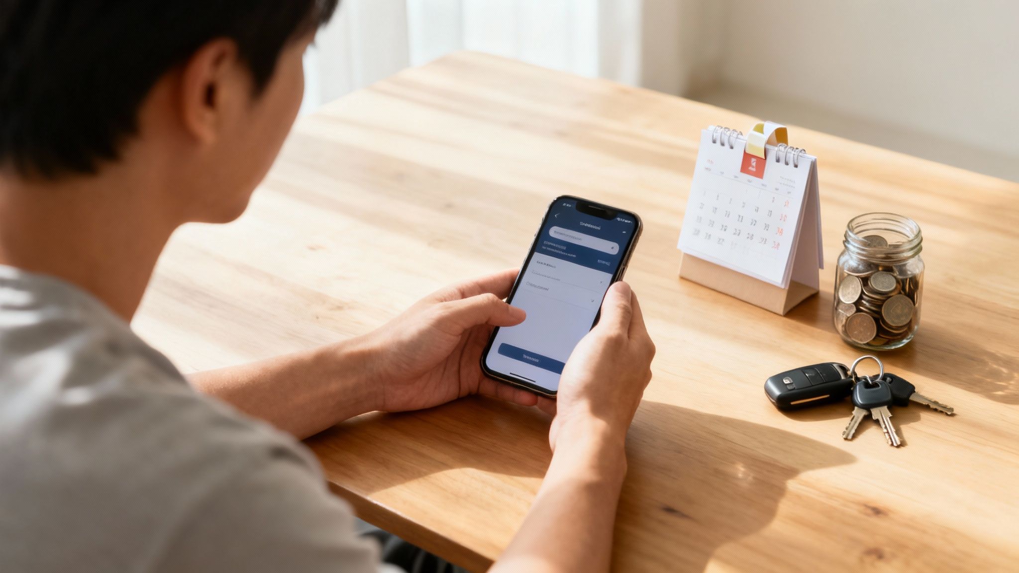 Personne utilisant un smartphone, avec calendrier, clés de voiture et pot de pièces sur une table en bois.