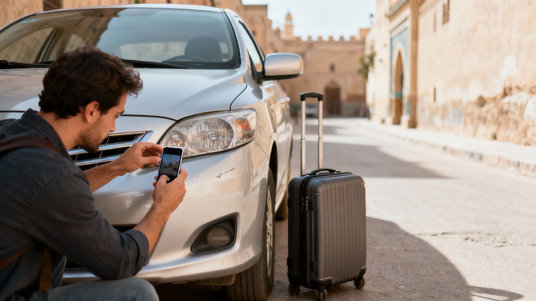Homme inspectant une voiture de location avant de partir de l'agence