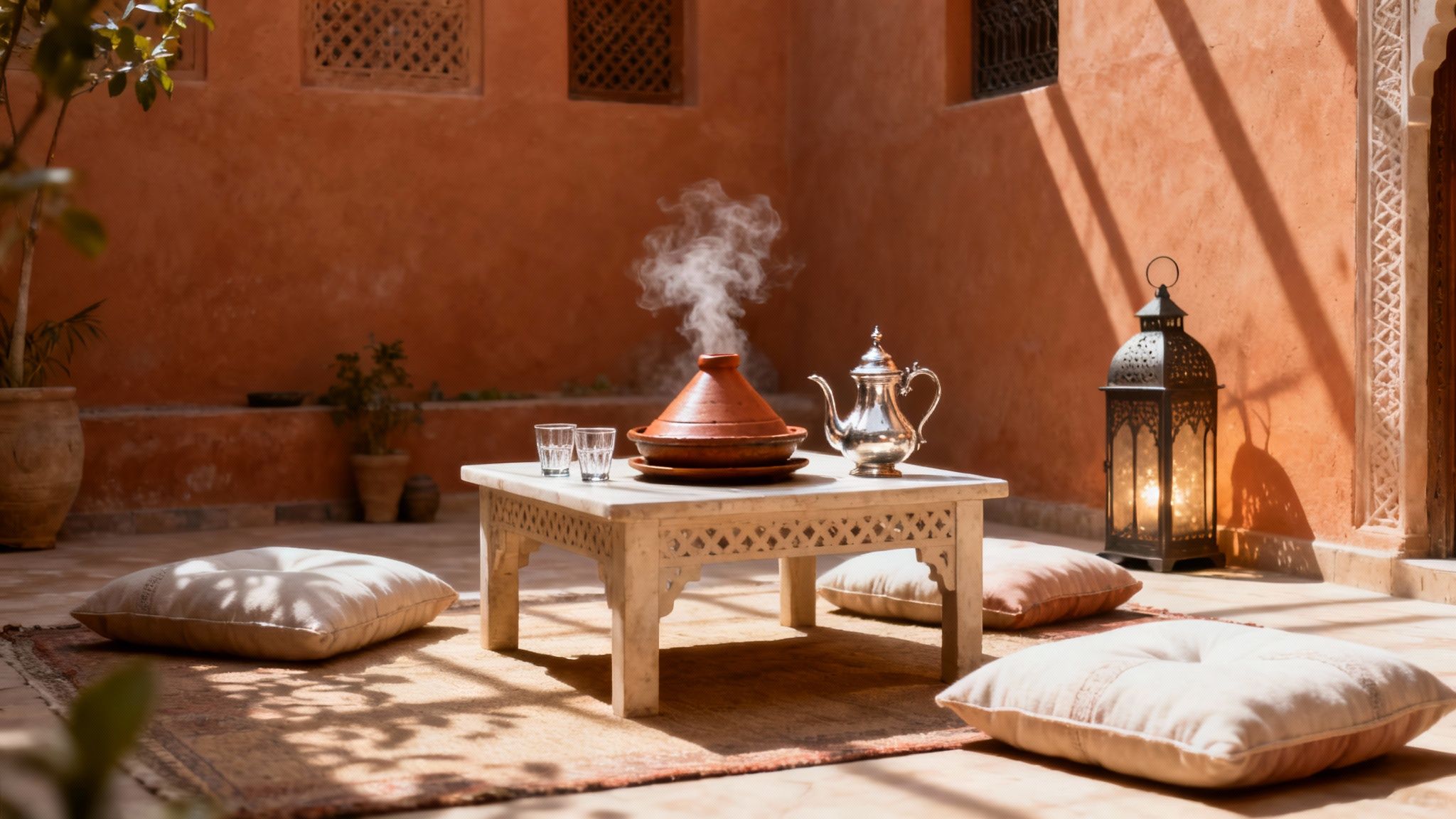Un tajine marocain traditionnel servi dans un plat en terre cuite.