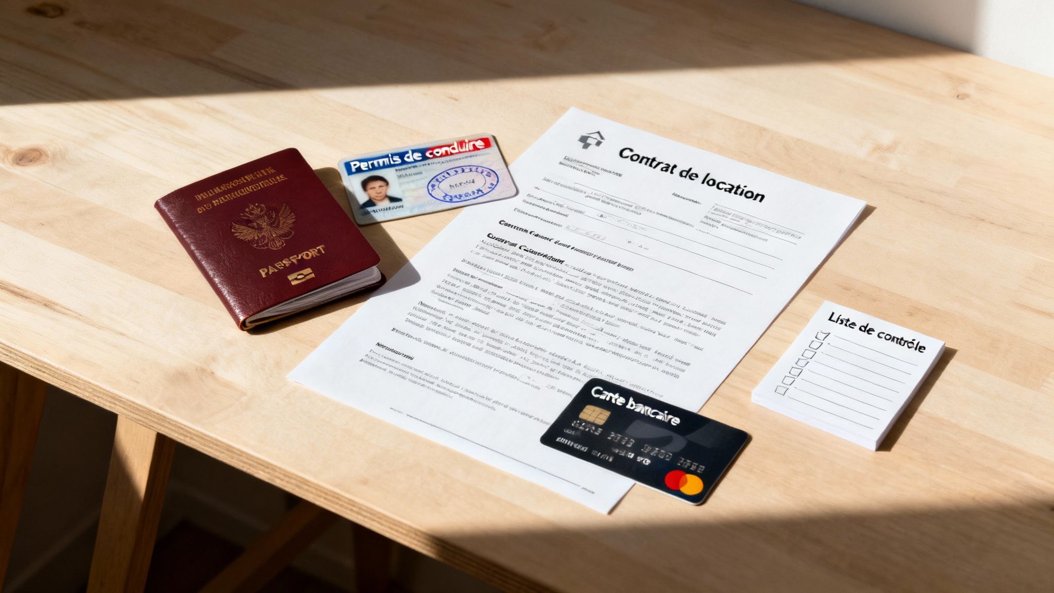 Documents officiels : passeport, permis de conduire, contrat de location et carte bancaire sur une table en bois.