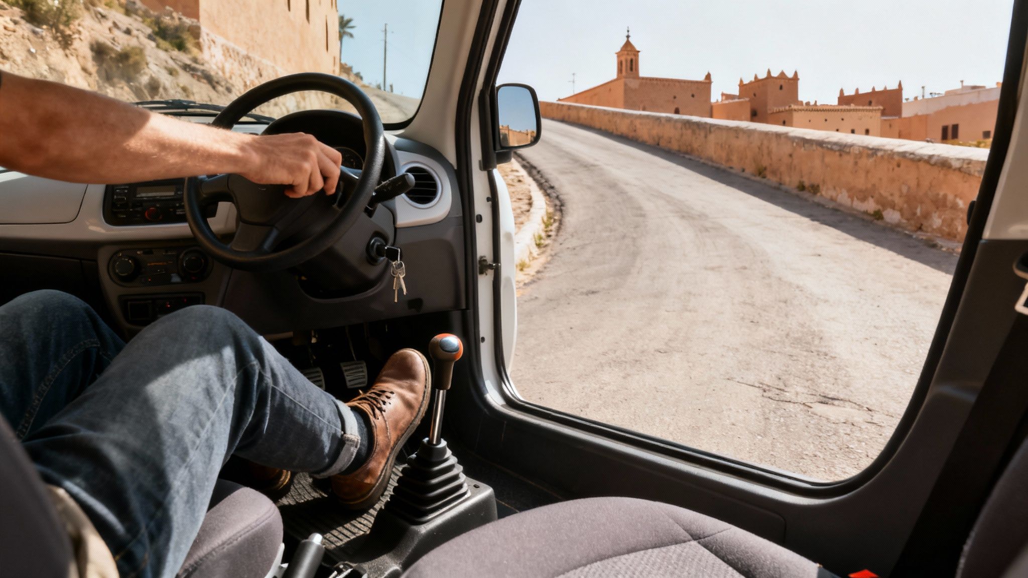 Vue depuis l'intérieur d'une voiture manuelle, montrant les mains du conducteur sur le volant et une route sinueuse bordée de bâtiments. Ensoleillé.