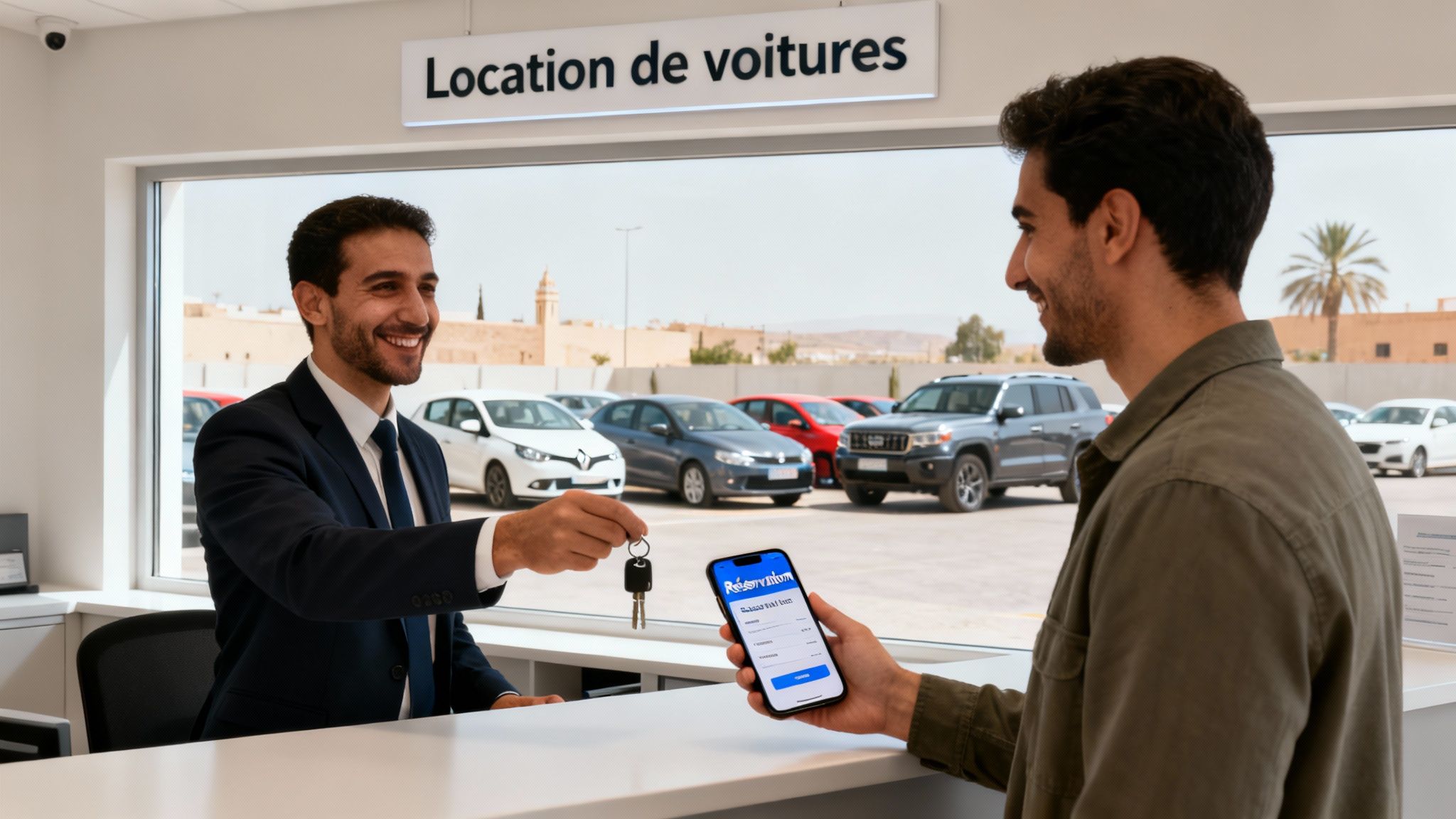 Agent souriant d'une entreprise de location de voitures remettant des clés à un client qui consulte son téléphone.