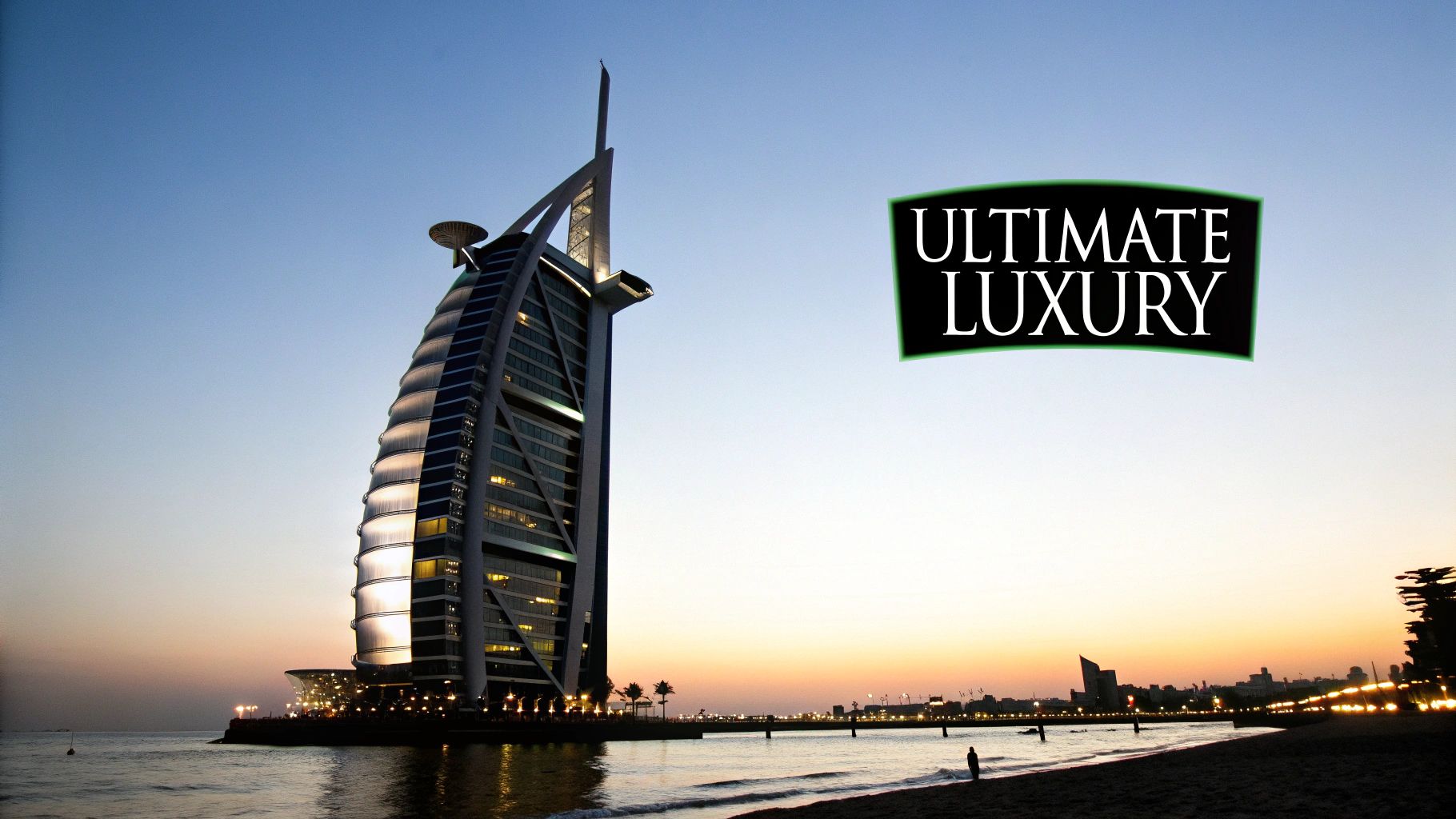 Burj Al Arab hotel standing on its own man-made island against the Dubai coastline