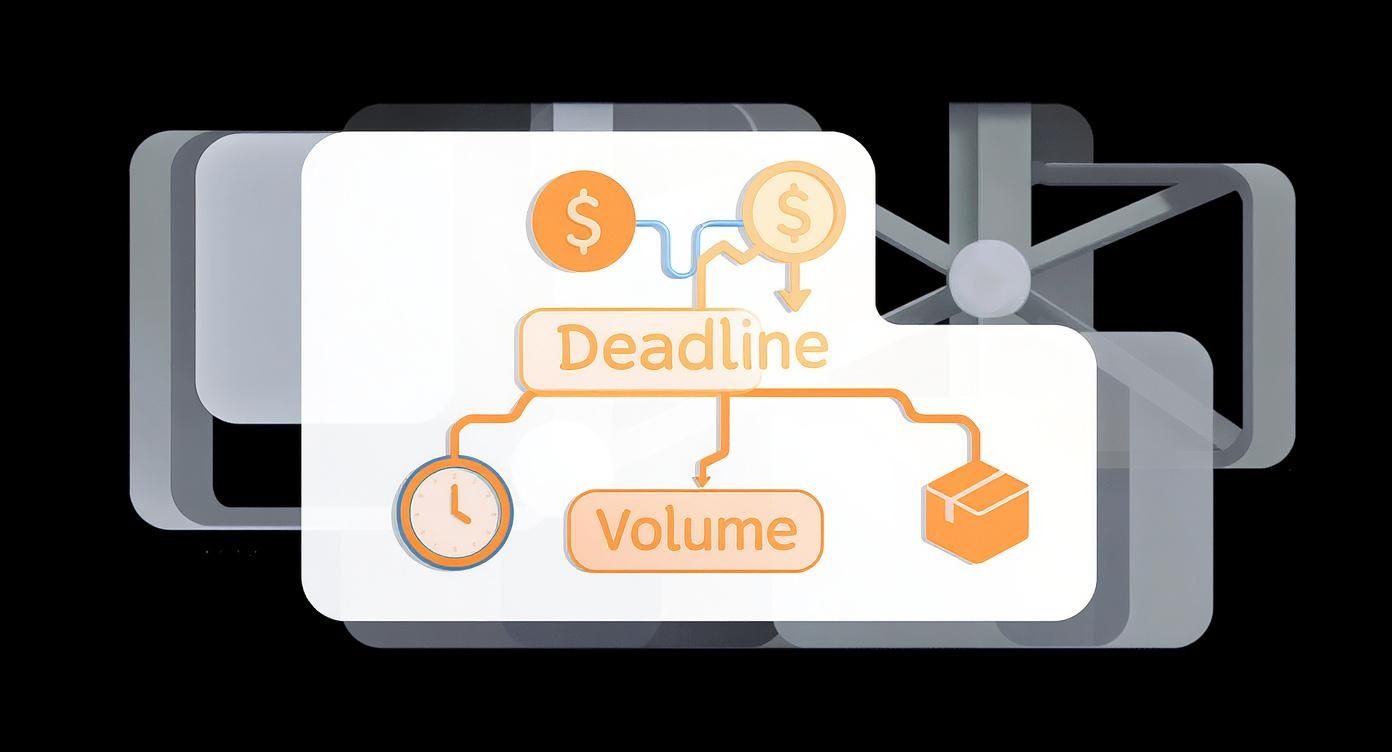 Diagramme de logistique illustrant l'interconnexion entre les délais, les coûts et le volume de transport.