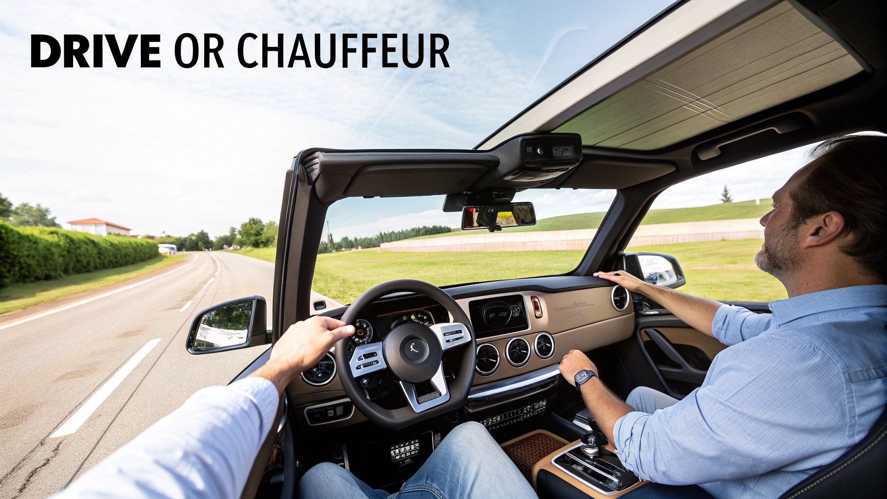 Rent g63 dubai: Your Ultimate Guide to Renting a G63 2 A man driving a luxurious car on an open road, with a passenger, under a blue sky.