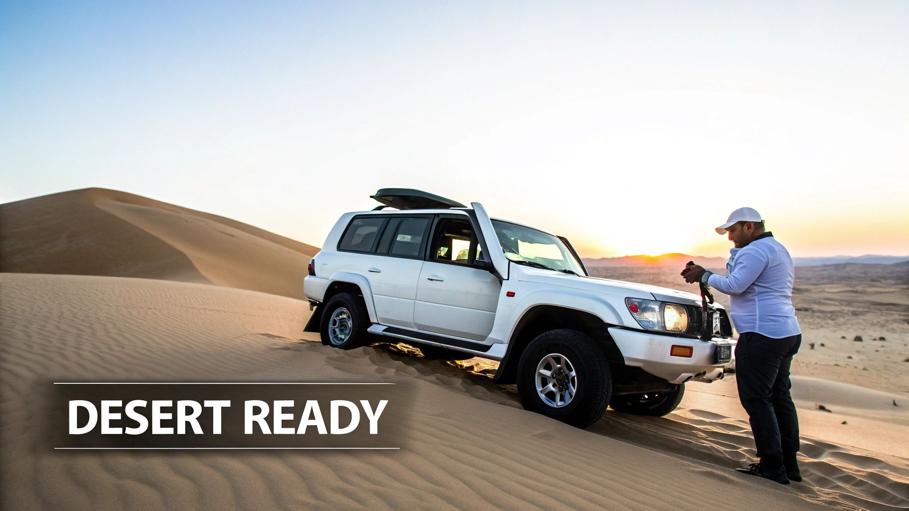 A man adjusts a white Land Cruiser SUV on a desert dune at sunset, ready for adventure.