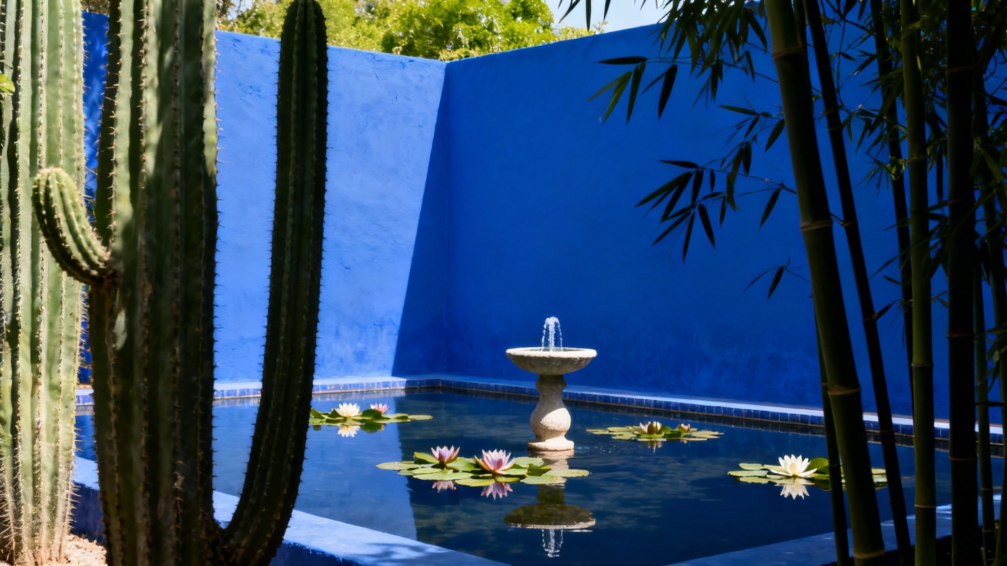 Jardin Majorelle de Marrakech avec ses couleurs vives et ses plantes luxuriantes
