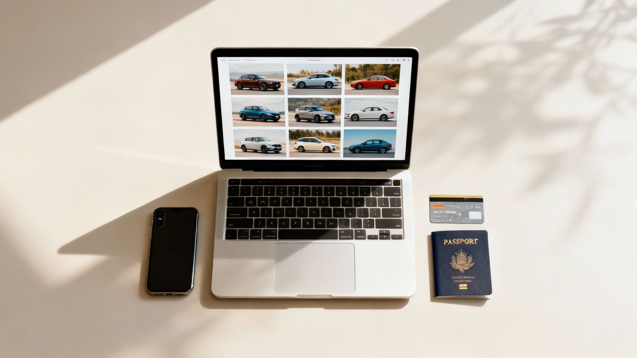 Un ordinateur portable affiche des options de location de voitures, à côté d'un smartphone, d'une carte de crédit et d'un passeport.