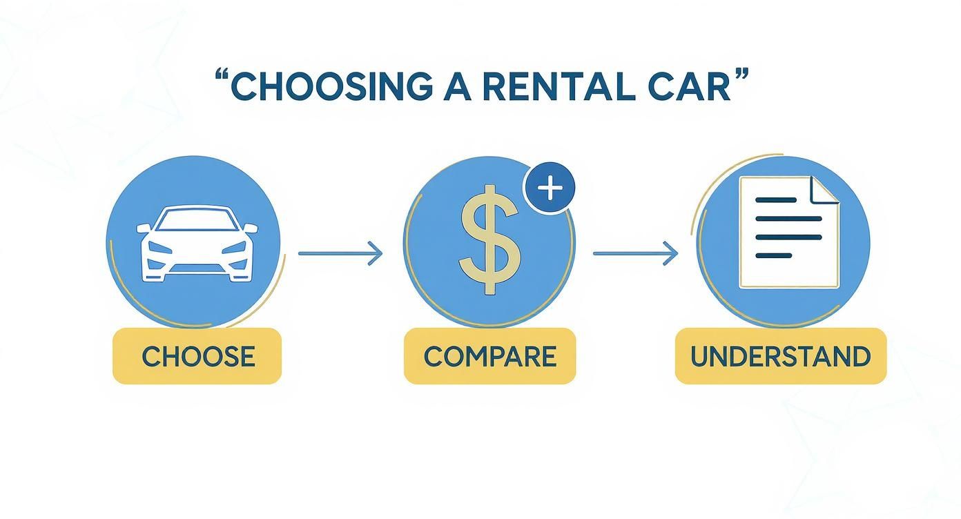 An infographic illustrating the three steps to choosing a rental car: choose, compare, and understand.