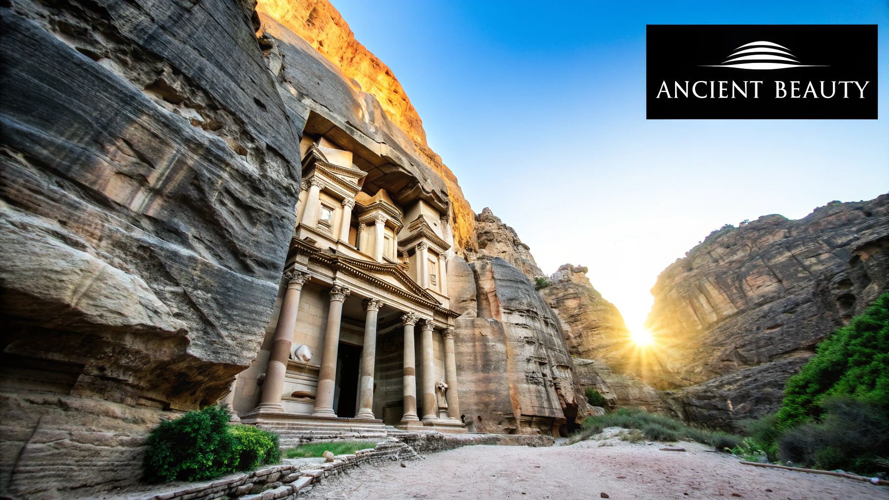 A view of the Treasury in Petra, Jordan, carved into a rock face.