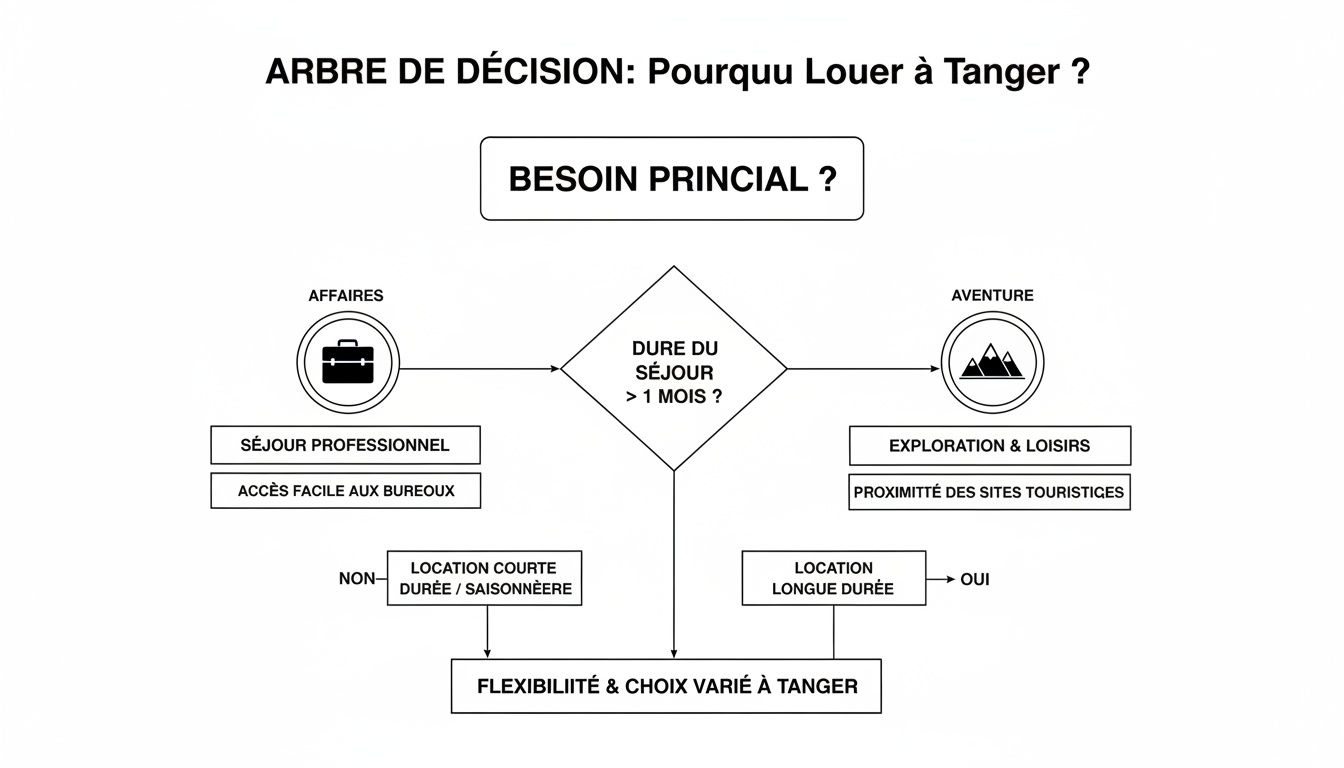 Arbre de décision expliquant pourquoi louer à Tanger, basé sur le besoin principal (affaires/aventure) et la durée du séjour.