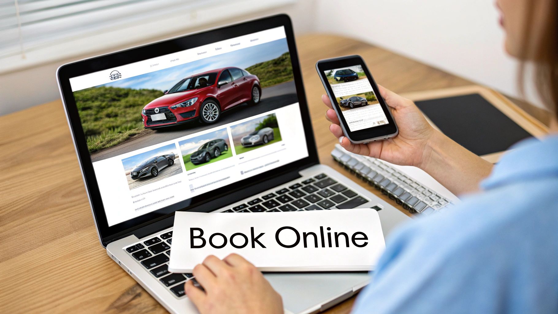 A person uses a laptop and smartphone to browse a car rental or purchase website, with 'Book Online' on a paper.