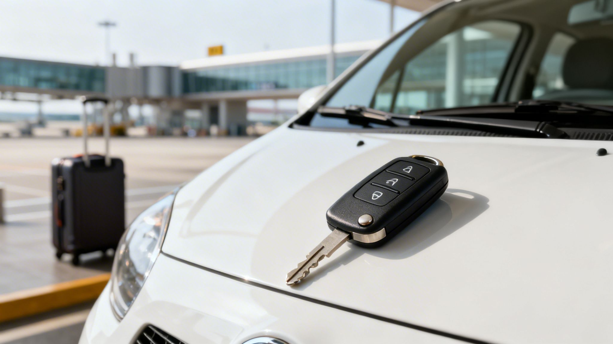 Clé de voiture sur un capot blanc, avec une valise et un aéroport en arrière-plan. Location de voiture pratique.