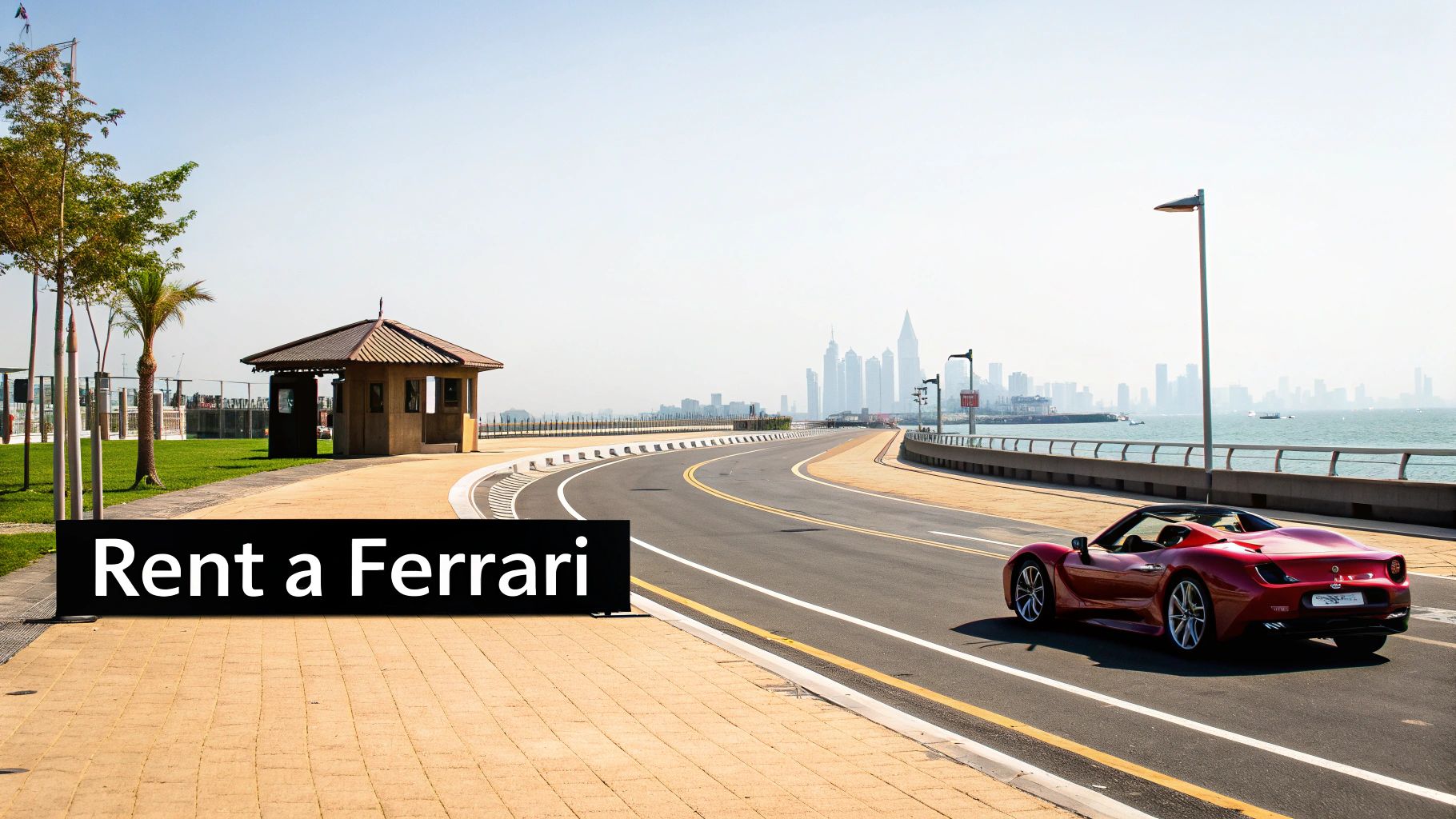 A red Ferrari sports car on a coastal road with a city skyline, featuring 'Rent a Ferrari' text.