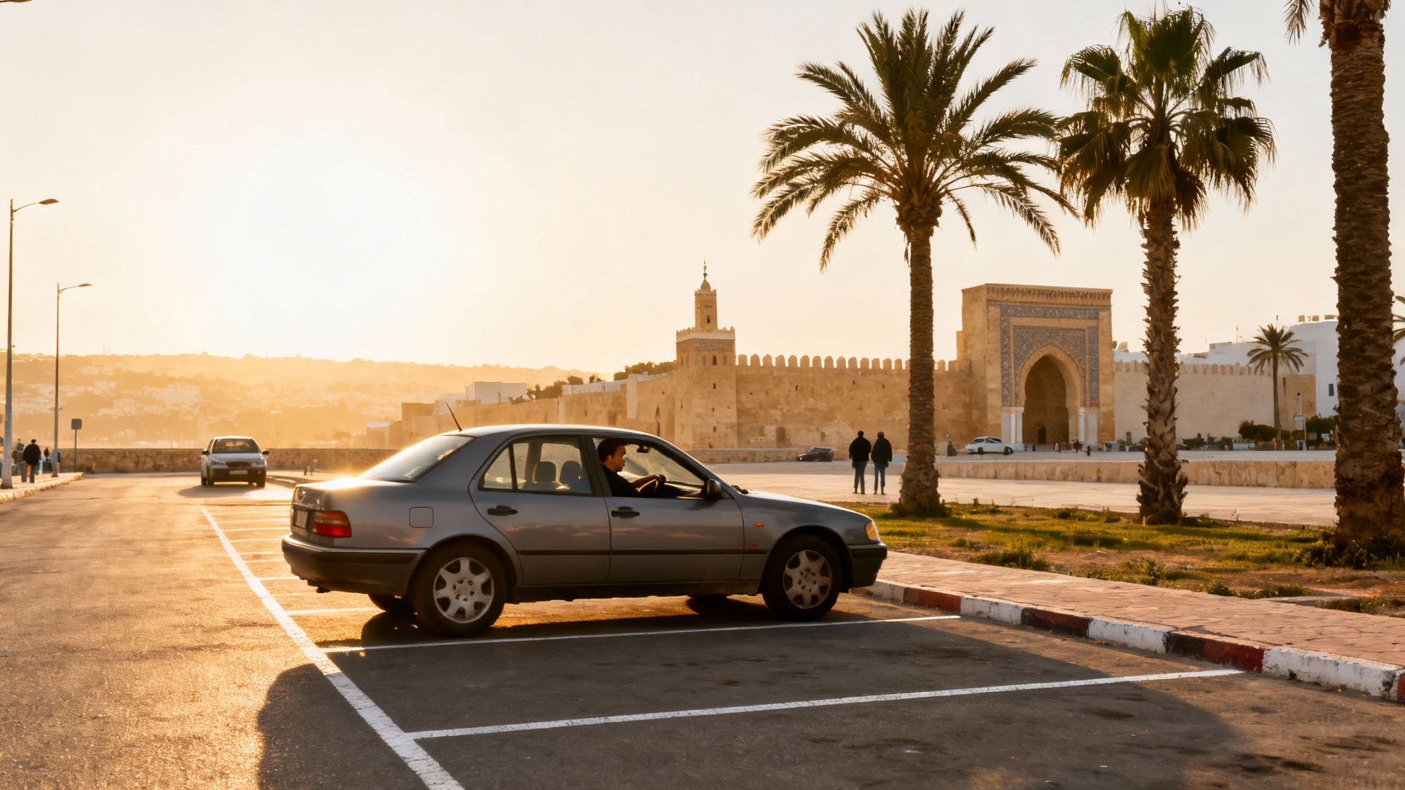 Une voiture garée au coucher du soleil devant des remparts historiques, une porte ornée et des palmiers à Rabat.