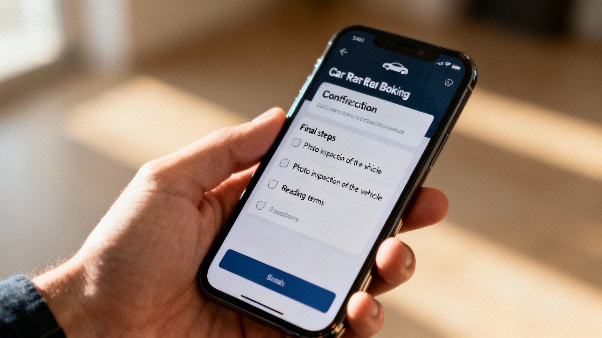 Personne inspectant une voiture de location avec un smartphone