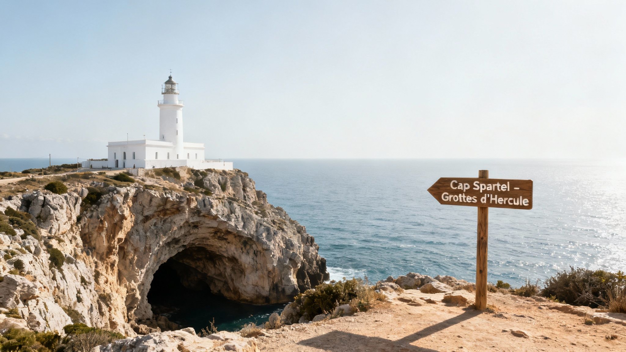 Phare blanc sur une falaise rocheuse surplombant l'océan, avec une grotte marine et un panneau indiquant Cap Spartel.