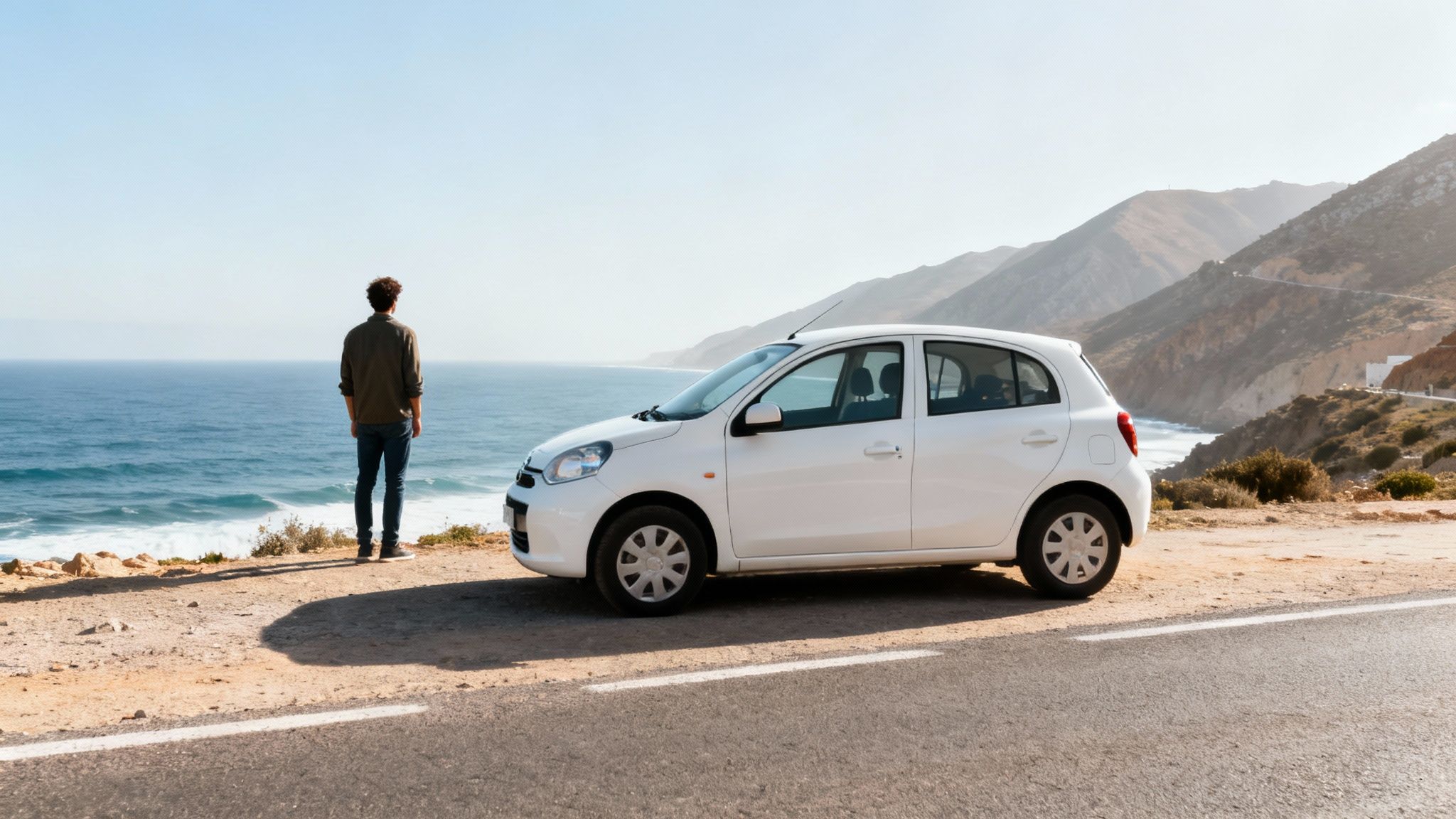 Homme contemplant l'océan près de sa voiture blanche sur route côtière panoramique