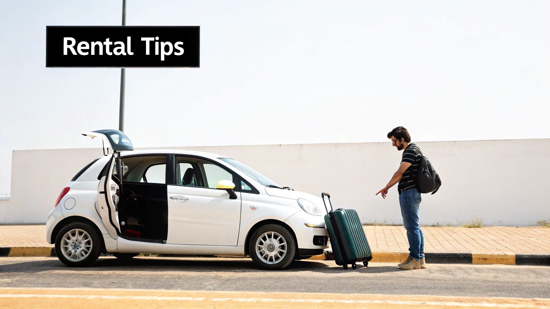 A man points at a green suitcase next to a white rental car with an open trunk. A 'Rental Tips' sign is visible.