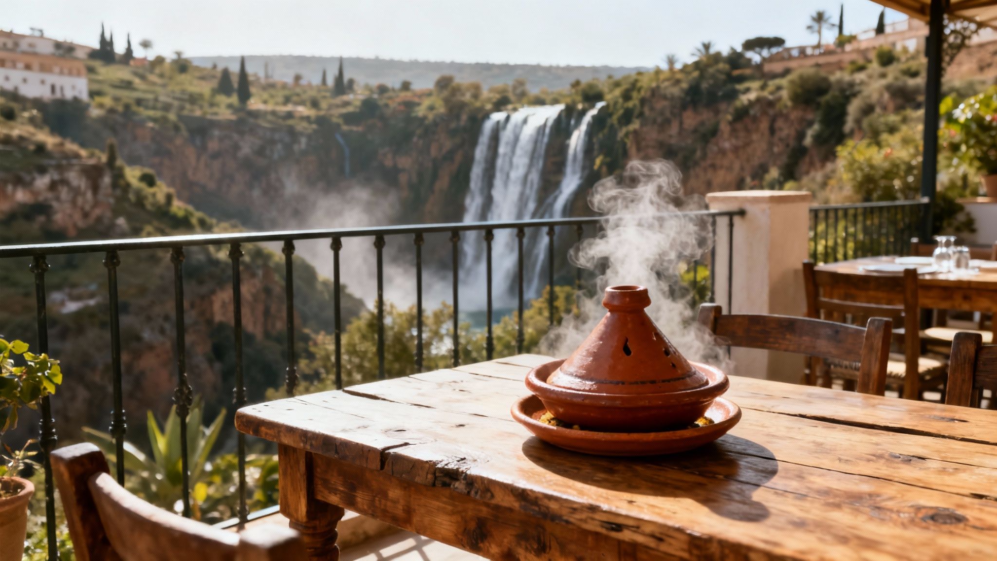 Un plat de tajine servi sur une terrasse surplombant les cascades d'Ouzoud.
