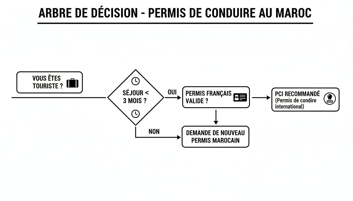 Arbre de décision pour permis de conduire au Maroc, guidant les touristes et résidents sur les démarches.
