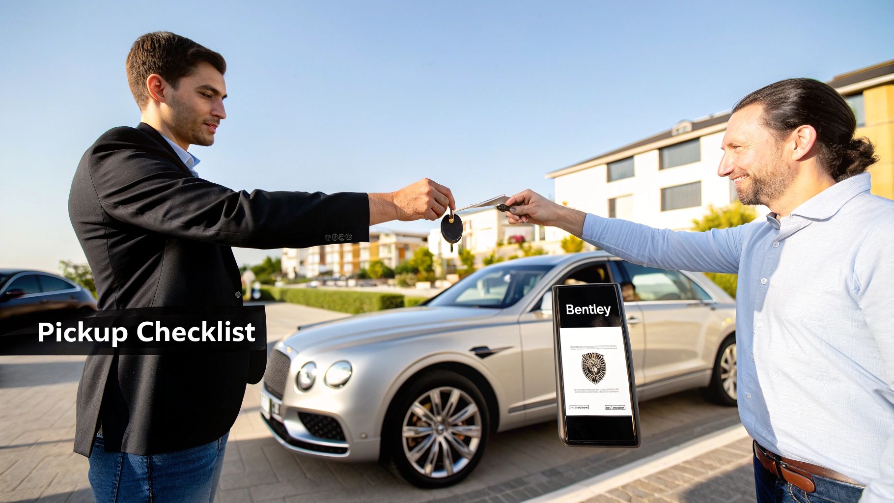 A person's hand on the steering wheel of a Bentley, with the Dubai skyline visible through the window.