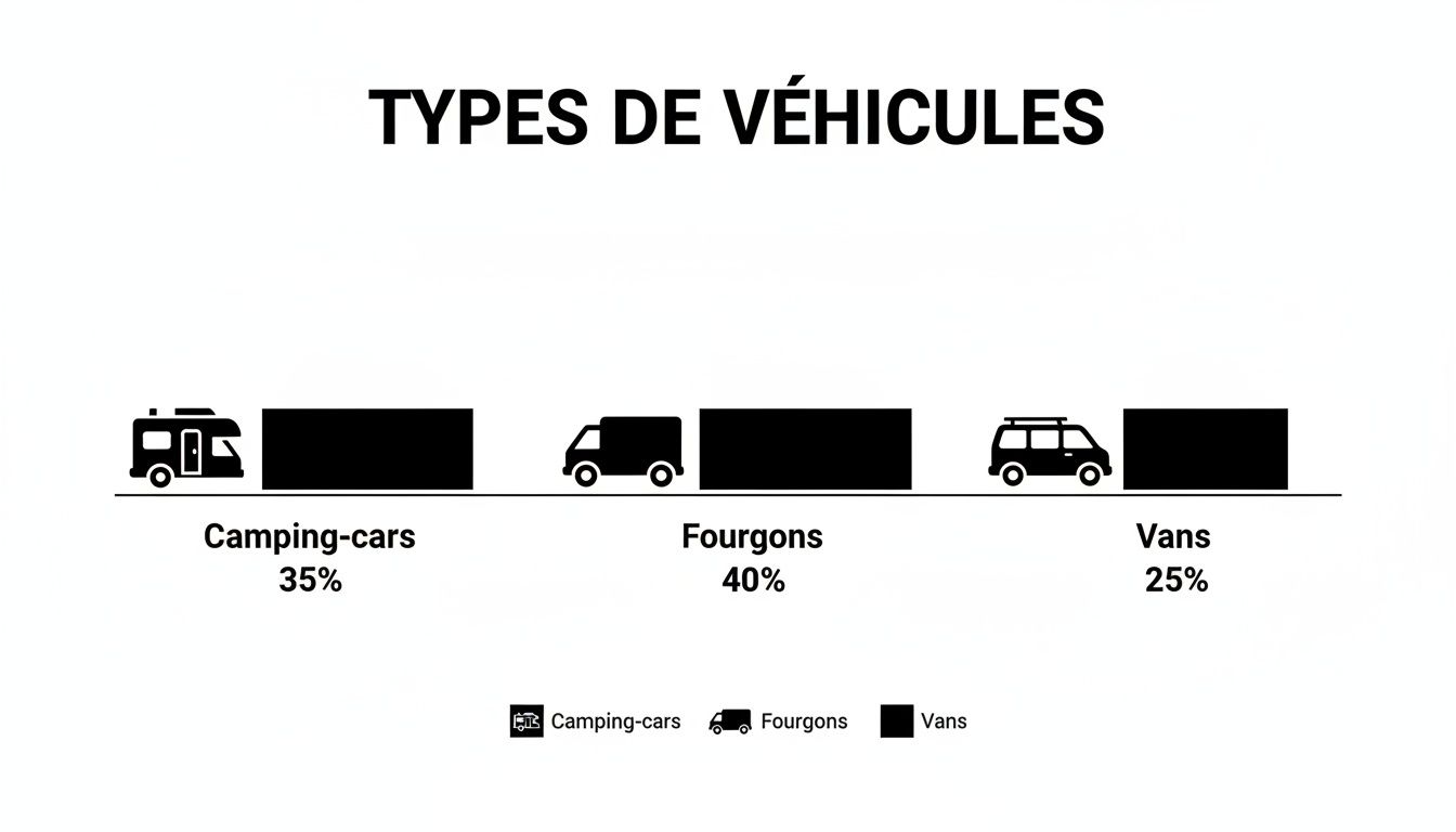 Diagramme montrant la répartition des types de véhicules : camping-cars (35%), fourgons (40%) et vans (25%).