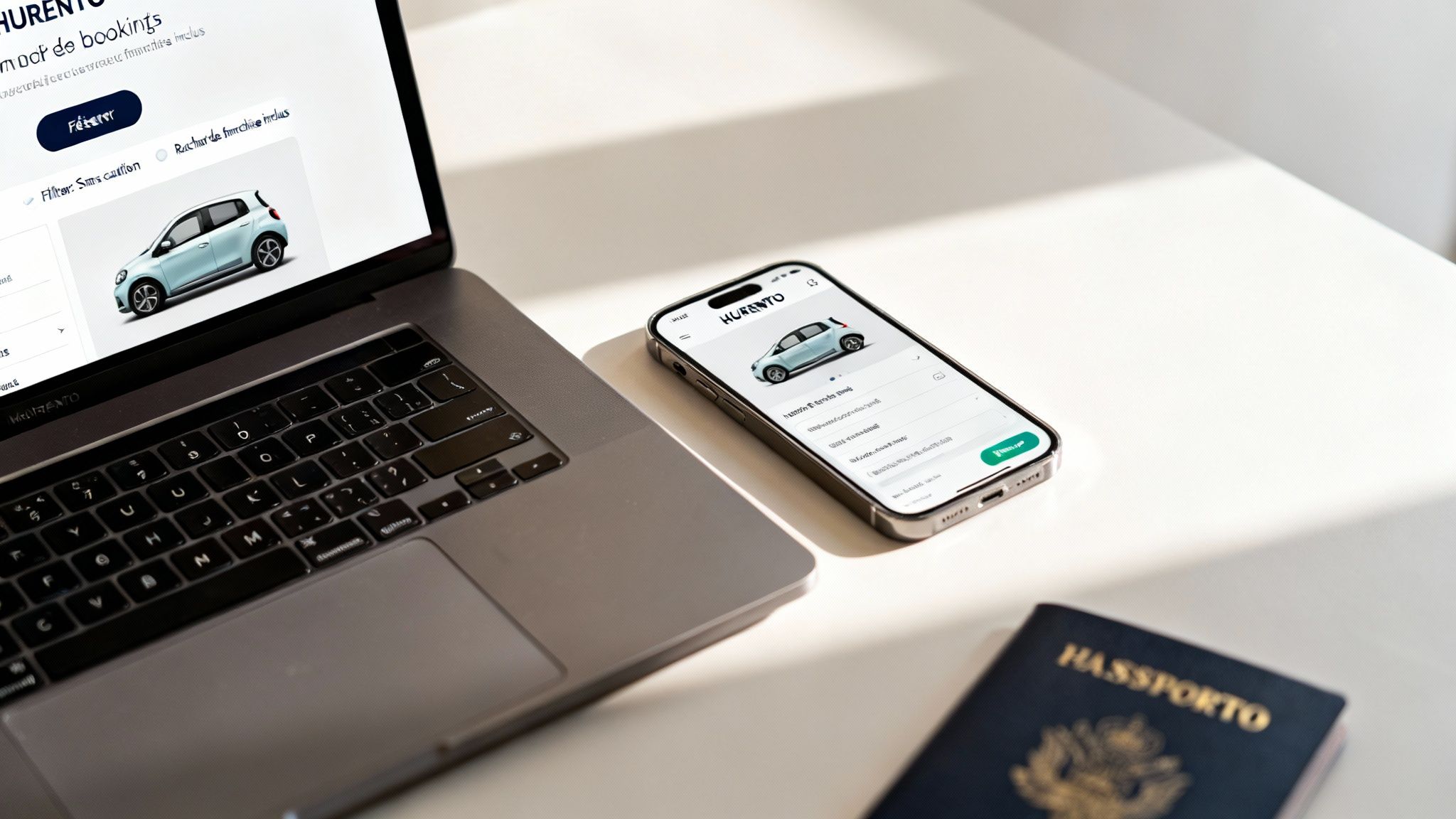 Un ordinateur portable et un smartphone affichent une application de location de voiture, avec un passeport à côté.